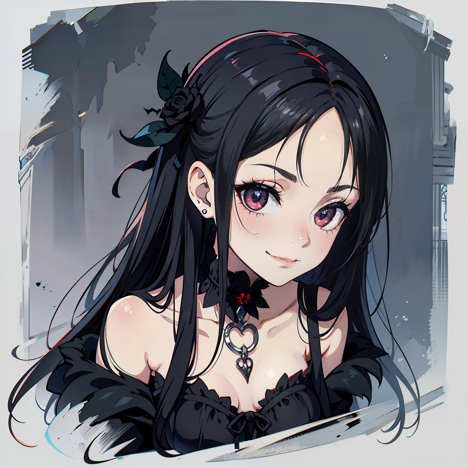 Dark beauty, paranormal, red contacts, black nails, soft smirk, gothic dress, creepy but charming, nu gothic, petite chest