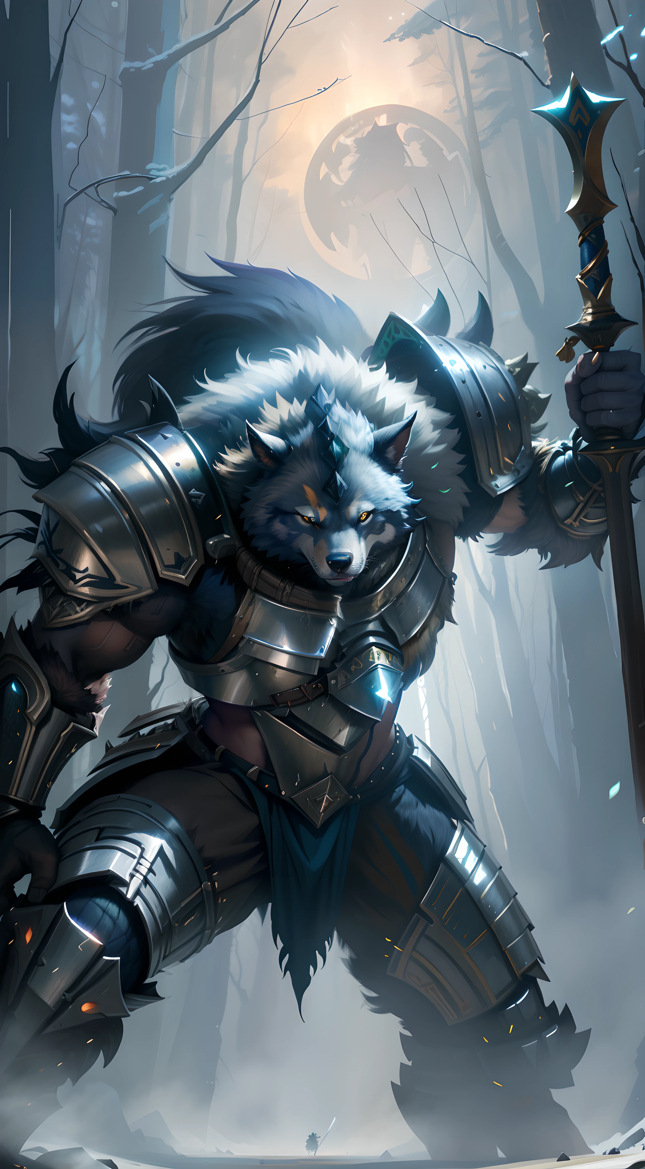 Arafeld warriors in the dark forest holding swords, gnoll, portrait of a gnoll, wolf armor, warwick saint, berserker potrait, demon-fang gnoll, epic fantasy card game art, husky in shiny armor, Arte do Jogo de Cartas de Fantasia, magic the gathering art, fur-clad barbarian goliath, magic : the gathering art, a minotaur wolf