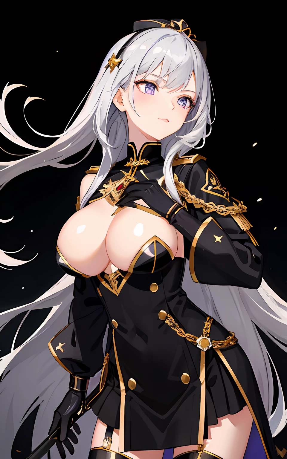 Beautiful girl of 27 years old, tmasterpiece, Best quality at best, 8K Animation, detailed finger, precise fingers, Unnatural hands, illustratio, 1 rapariga, 独奏, black bob cut, gold crown, flower hair ornaments, Sagging eyes, Purple miniskirt, Yui,Silver waist-length hair,Long hair and waist,On his shoulder was a dark black long-barreled carbine with gold accents,mature,busty figure,Deep starry sky,Large of breast,Large of breast,Large of breast,magical girl,Black army uniform with gold trim,The button on the chest opens,Black leather-baring finger long gloves,Fingers open,Black platform shoes,High black collar trimmed with gold,Large blue cloak trimmed with gold,Girl in military uniform,Siamese black silk,Purple cross-part heart tattoo,body