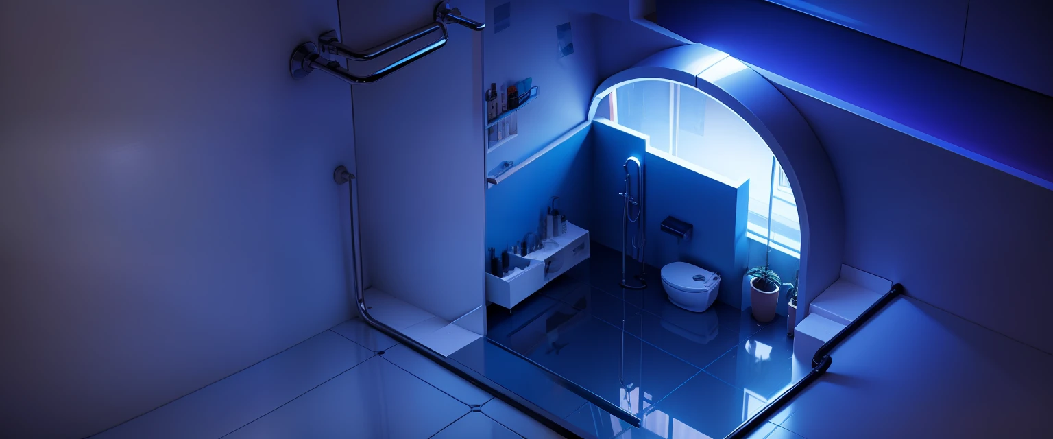 Bathroom scene，Bathroom home decoration scene rendering，Home improvement pipeline installation scene rendering，Blue gradient background，Floor heating pipe installation site，Bathroom scene，German brand home decoration floor heating pipe。