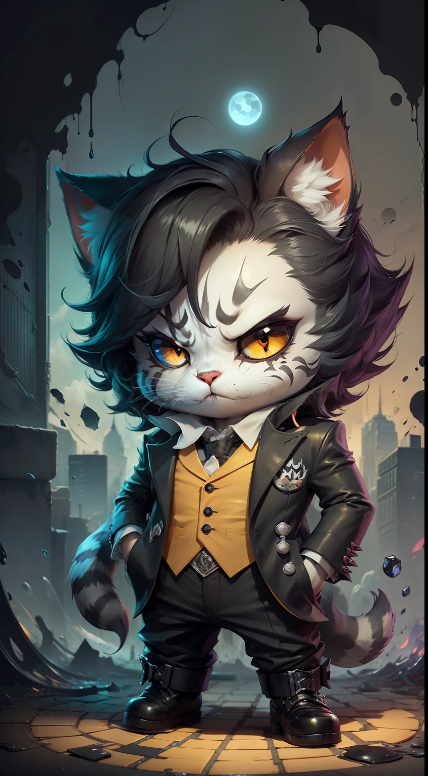 c4tt4stic, joker ,full body,cat, black eyes, building bacground