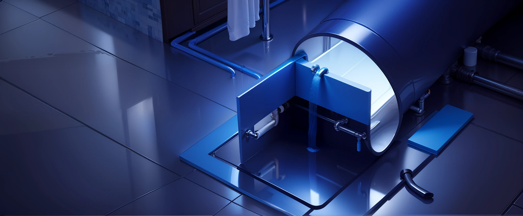 Bathroom scene,Bathroom home decoration scene rendering,Home improvement pipeline installation scene rendering,Blue gradient background,Floor heating pipe installation site,Bathroom scene,German brand home decoration floor heating pipe。