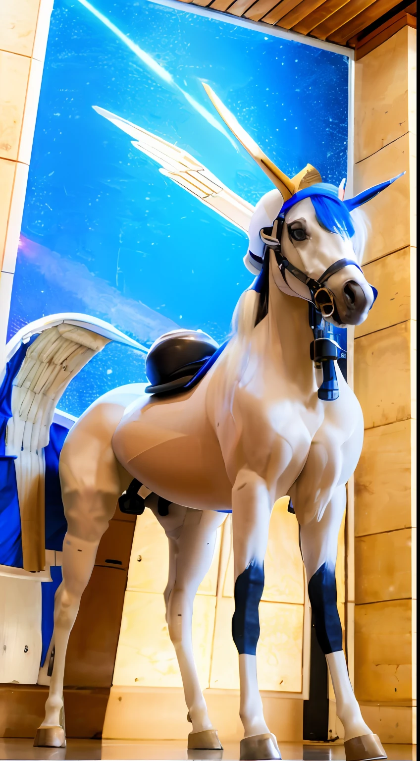 A female centaur，She is famous in the multiverse，She is both a female centaur, half human, half horse, half horse，It is also a female Yingzhao。She blends both images，The first is the head of a horse/neck/Shoulder these parts，After feminization，The upper body transforms into a beautiful female human，Female, half-centaur, half-human, half-horse, half-human，The second is the waist of the horse/hason/gluteal/Legs feminine，Female half-horse with beautiful woman's，Chimer，It's like a female human wearing a half-horse-like costume and making a seamless chimera，This chimerization is based on powerful futuristic technology。The ultra-wide-angle lens captures the image of her sleek and ethereal wings charging and leaping on the ionosphere。Her front half is distinctly feminine，Tall sexy body，Has K cup teardrop-shaped giant tit chest，It has a small man's waist butterfly spanning long legs，The half-horse part of the hind body，Embedded interface in the front half of the body hip position。The horse-shaped, half-horse torso form of her back body is completely female and humanized。A sexy bent dog-style shaped ribcage embedded in the lower back position of the beautiful woman's body from the upper end of the sternum/lower back/Ventral transverse。Then there are the sexy beauty's upright hips，Her entire body has been completely feminized，Including the half-horse part。Mechanized armor covers the legs with knee-shaped anti-joints and feet，And these parts are highly anthropomorphic，This makes her legs graceful and slender，Her four horse legs exploded in length proportions and was slender and toned，Under the legs are skinny white feet dressed in Skyscraper Heels，Use Midjourney's advanced stroke tools and color palettes, as well as texture packs, model packs, and texture tools，Concentration，Femaleize all parts of her original equine physiologic appearance，And give these parts an ergonomic appearance，Fine treatment of the thoracic and abdominal cavity of the posterior body，As well as hips and