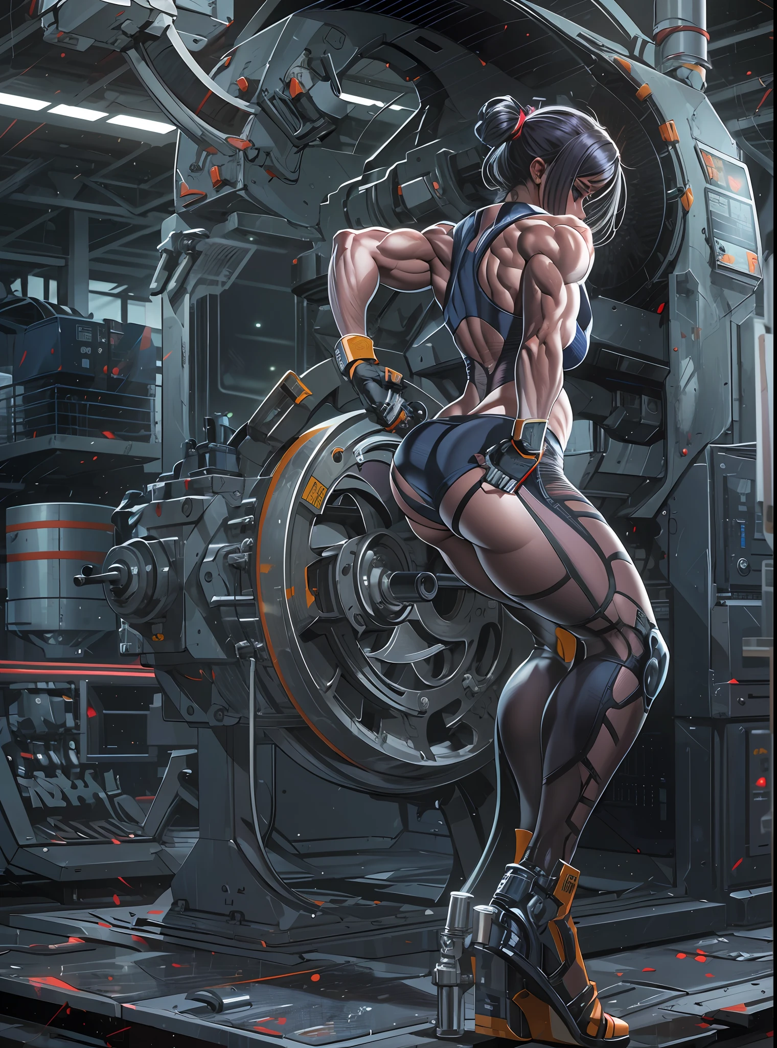 1girl, Russian, working at the machine tool, ((muscular booty)), detailed, ((detailed body)), (dynamic pose)