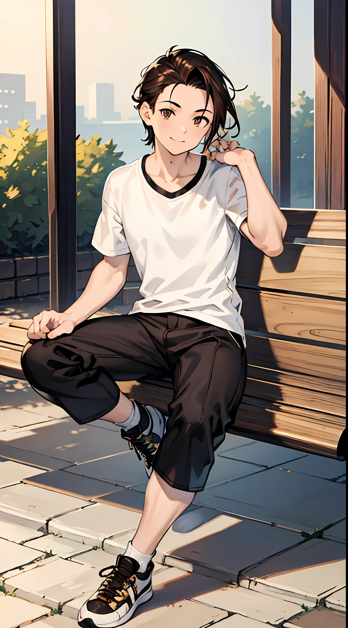 （absurderes，A high resolution，ultra - detailed，HDR），tmasterpiece，best qualtiy，1boy，独奏，handsome，dark brown  hair，Fine eyes and detailed face，forehead，（（Loose white T-shirt）），athletic sneakers，（Pale and white skin），looki at viewer，Ear stitching，，ssmile，sitting on a bench，Park in the background，full-body view