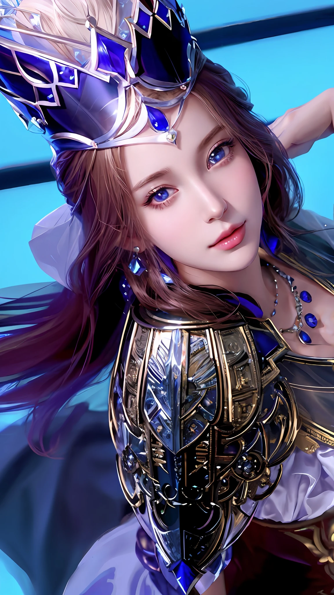 Blonde woman with blue eyes and veil on head, soft portrait shot 8 k, Photorealistic beautiful face, 8K portrait rendering, Realistic beautiful face, beautiful realistic face, photorealistic anime girl render, hyperrealistic beautiful face, 8 k realistic digital art, realistic digital art 4k, realistic digital art 4 k, very realistic digital art,close-up of a woman wearing a crown, Holding a sword, seductive princess knight,nffsw, beautiful fantasy queen, ArtGerm; 3d unreal engine, ((beautiful fantasy queen)), Beautiful and Elegant Queen, Portrait Knight of the Zodiac Girl, Princess Knight, ArtGerm. high detailing