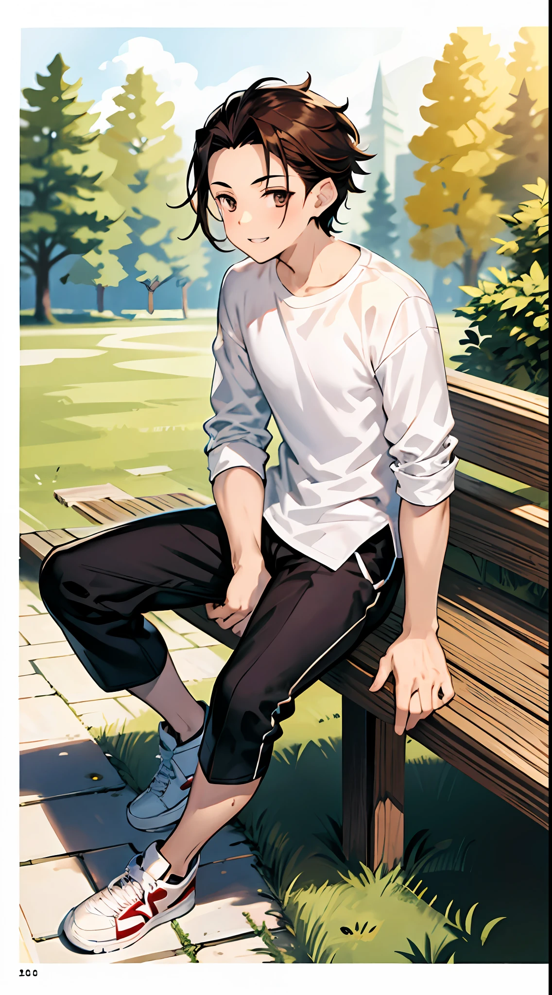 （absurderes，A high resolution，ultra - detailed，HDR），tmasterpiece，best qualtiy，1boy，独奏，handsome，dark brown  hair，Fine eyes and detailed face，forehead，（（Loose white T-shirt）），athletic sneakers，（Pale and white skin），looki at viewer，Ear stitching，，ssmile，sitting on a bench，Park in the background，full-body view