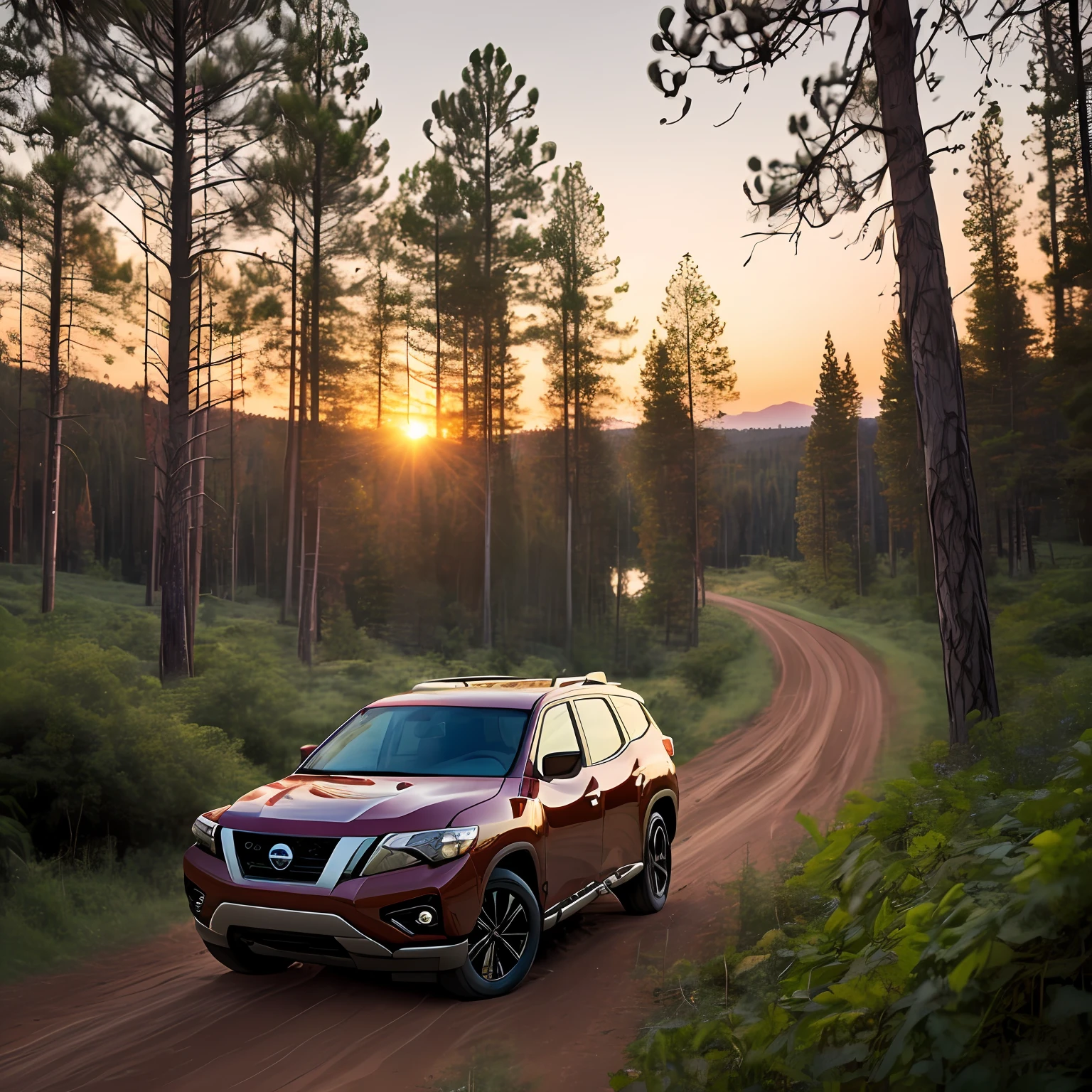 Nissan pathfinder offroading in a forest, beautiful landscape. Detailed wallpaper, gorgeous lake, and forest, dirt road. Detailed forest. Sunset, summer, calm, warm colours,
