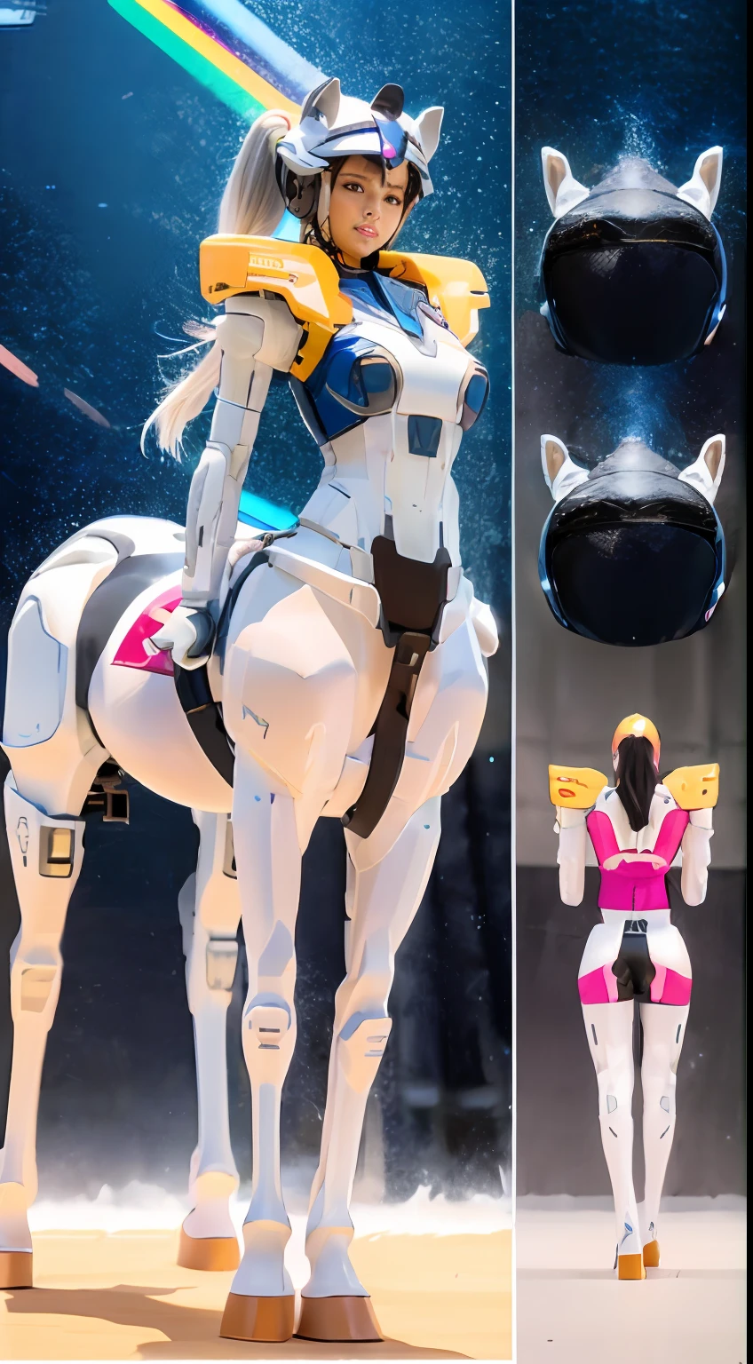 A female centaur,She is famous in the multiverse,She is both a female centaur, half human, half horse, half horse,It is also a female Yingzhao。She blends both images,The first is the head of a horse/neck/Shoulder these parts,After feminization,The upper body transforms into a beautiful female human,Female, half-centaur, half-human, half-horse, half-human,The second is the waist of the horse/hason/gluteal/Legs feminine,Female half-horse with beautiful woman's,Chimer,It's like a female human wearing a half-horse-like costume and making a seamless chimera,This chimerization is based on powerful futuristic technology。The ultra-wide-angle lens captures the image of her sleek and ethereal wings charging and leaping on the ionosphere。Her front half is distinctly feminine,Tall sexy body,Has K cup teardrop-shaped giant tit chest,It has a small man's waist butterfly spanning long legs,The half-horse part of the hind body,Embedded interface in the front half of the body hip position。The horse-shaped, half-horse torso form of her back body is completely female and humanized。A sexy bent dog-style shaped ribcage embedded in the lower back position of the beautiful woman's body from the upper end of the sternum/lower back/Ventral transverse。Then there are the sexy beauty's upright hips,Her entire body has been completely feminized,Including the half-horse part。Mechanized armor covers the legs with knee-shaped anti-joints and feet,And these parts are highly anthropomorphic,This makes her legs graceful and slender,Her four horse legs exploded in length proportions and was slender and toned,Under the legs are skinny white feet dressed in Skyscraper Heels,Use Midjourney's advanced stroke tools and color palettes, as well as texture packs, model packs, and texture tools,Concentration,Femaleize all parts of her original equine physiologic appearance,And give these parts an ergonomic appearance,Fine treatment of the thoracic and abdominal cavity of the posterior body,As well as hips and