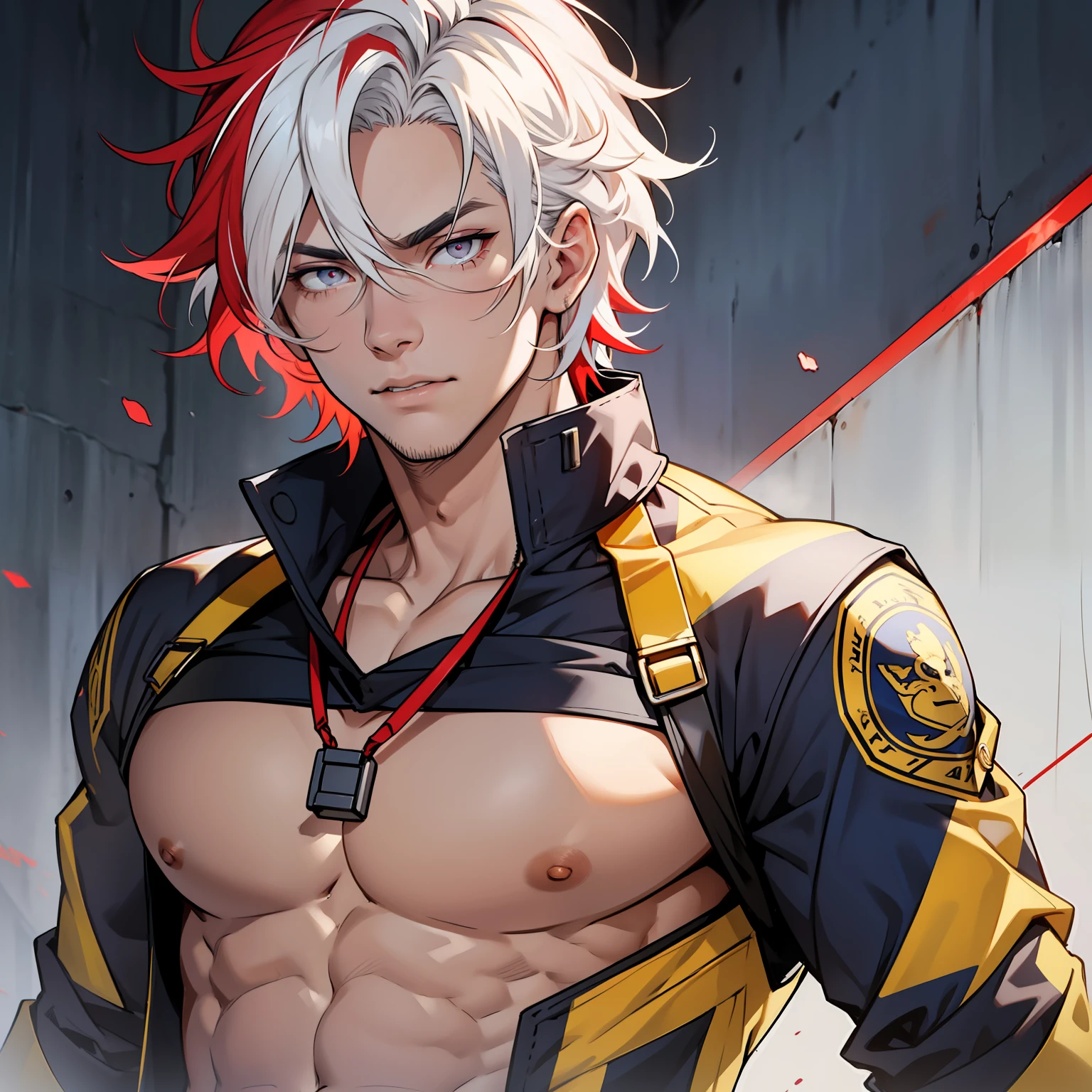 Jesse is tall He has white hair with red tips, and sharp grey eyes, they're so beautiful to look at. His hair is a bit wavy and he has a beautifully toned body. Muscular male. Jesse is seen wearing a navy blue and gold attire. Red hair stripes