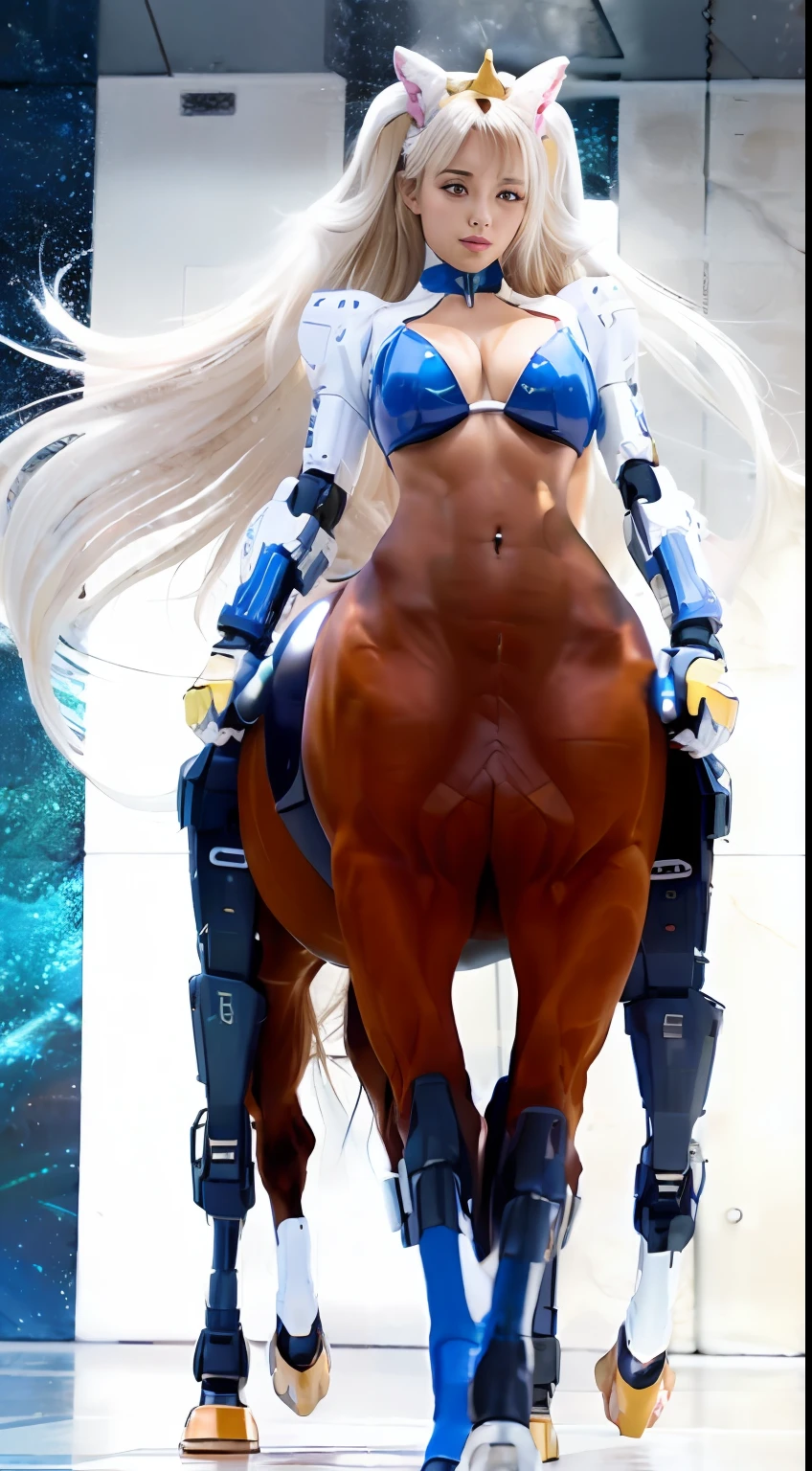 A female centaur，She is famous in the multiverse，She is both a female centaur, half human, half horse, half horse，It is also a female Yingzhao。She blends both images，The first is the head of a horse/neck/Shoulder these parts，After feminization，The upper body transforms into a beautiful female human，Female, half-centaur, half-human, half-horse, half-human，The second is the waist of the horse/hason/gluteal/Legs feminine，Female half-horse with beautiful woman's，Chimer，It's like a female human wearing a half-horse-like costume and making a seamless chimera，This chimerization is based on powerful futuristic technology。The ultra-wide-angle lens captures the image of her sleek and ethereal wings charging and leaping on the ionosphere。Her front half is distinctly feminine，Tall sexy body，Has K cup teardrop-shaped giant tit chest，It has a small man's waist butterfly spanning long legs，The half-horse part of the hind body，Embedded interface in the front half of the body hip position。The horse-shaped, half-horse torso form of her back body is completely female and humanized。A sexy bent dog-style shaped ribcage embedded in the lower back position of the beautiful woman's body from the upper end of the sternum/lower back/Ventral transverse。Then there are the sexy beauty's upright hips，Her entire body has been completely feminized，Including the half-horse part。Mechanized armor covers the legs with knee-shaped anti-joints and feet，And these parts are highly anthropomorphic，This makes her legs graceful and slender，Her four horse legs exploded in length proportions and was slender and toned，Under the legs are skinny white feet dressed in Skyscraper Heels，Use Midjourney's advanced stroke tools and color palettes, as well as texture packs, model packs, and texture tools，Concentration，Femaleize all parts of her original equine physiologic appearance，And give these parts an ergonomic appearance，Fine treatment of the thoracic and abdominal cavity of the posterior body，As well as hips and