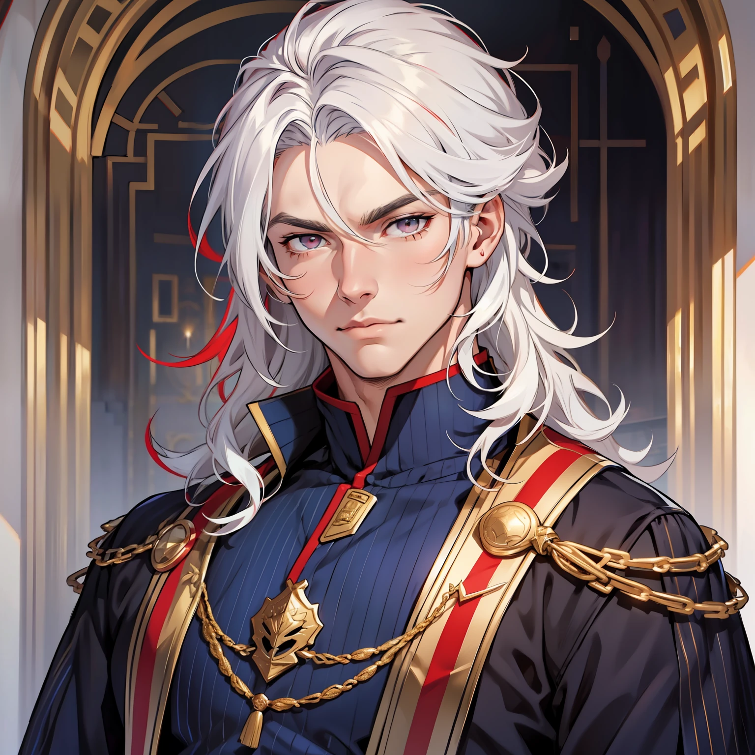 Jesse is tall He has white hair with red tips, and sharp grey eyes, they're so beautiful to look at. His hair is a bit wavy and he has a beautifully toned body. Muscular male. Jesse is seen wearing a navy blue and gold royal attire. Red hair stripes