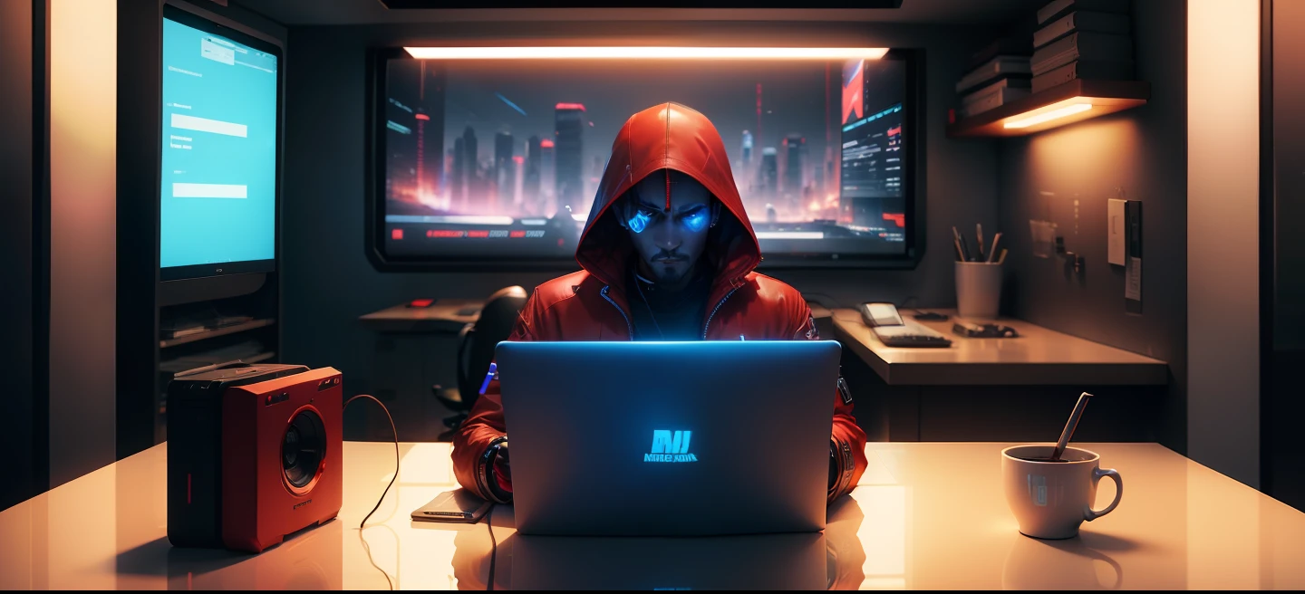 The man wearing red, futuristic background, cyberpunk theme, blue neo light, coffee cup on the desk