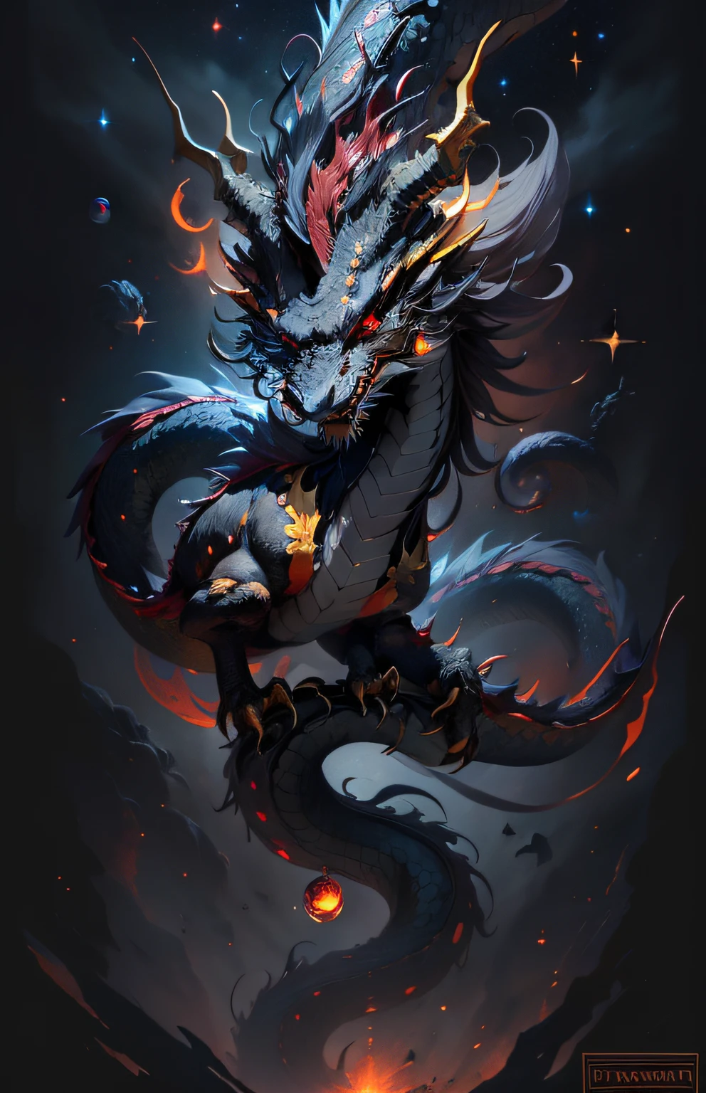 "a majestic cosmic golden eastern dragon with crimson red eyes, gracefully floating through the endless expanse of black space filled with stars, radiating a magnificent but OMINOUS aura". also eastern dragons have 4 dangerously sharp claws two in the front and two at the back