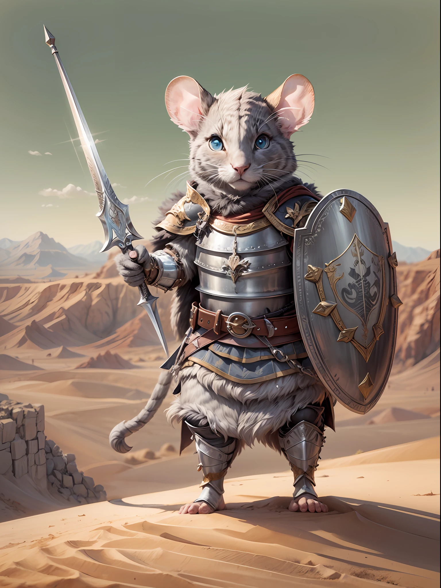 Mouse warrior clad in ancient Roman armor, brandishing a petite rapier and shield, adorned with sleek gray fur and piercing eyes, majestically positioned amidst a vast desert landscape.