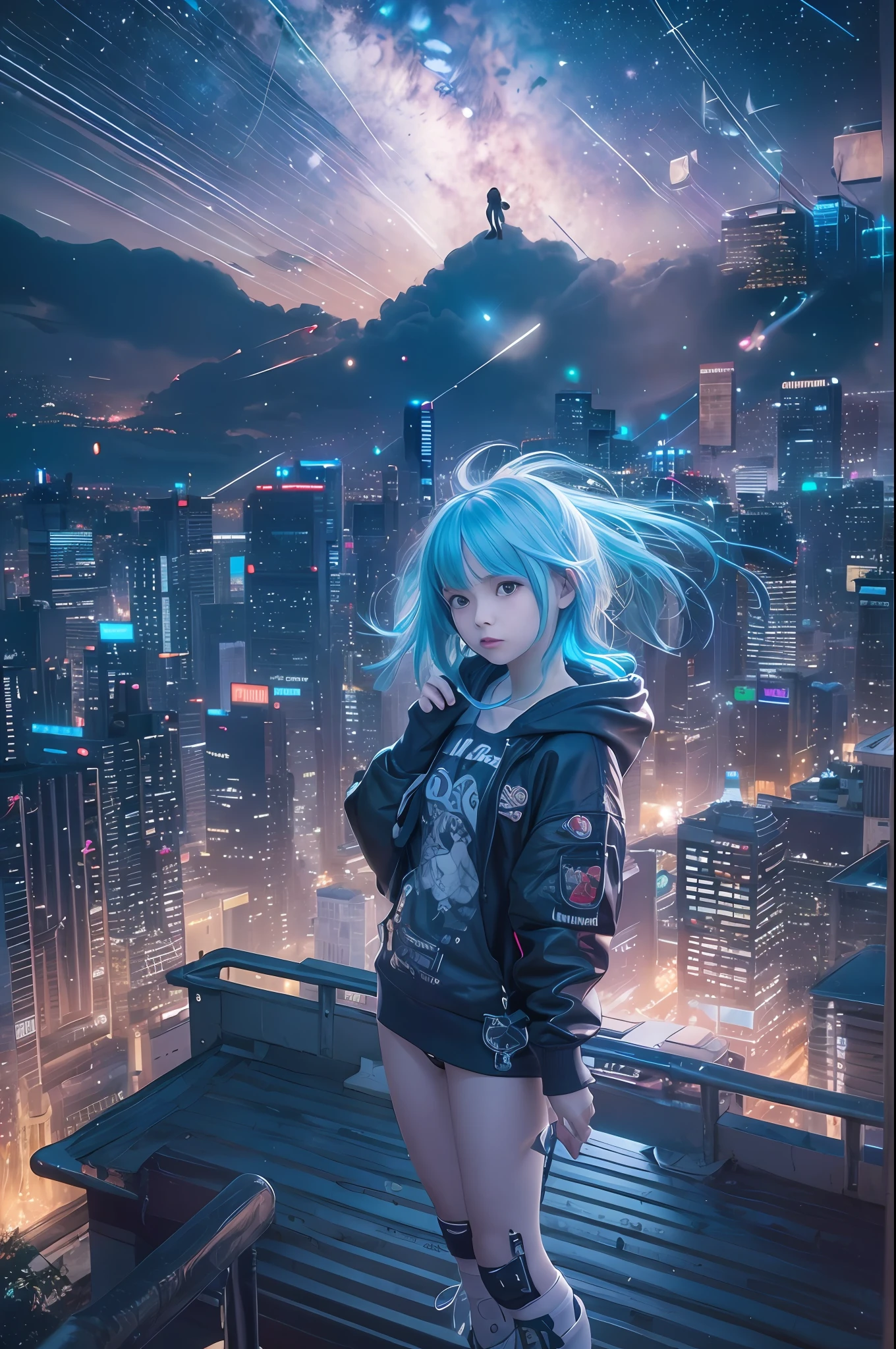 (masterpiece), best quality, ultra high res, girl, cyberpunk 1girl flying above stunning cityscape ,hoodie,blue hair,  neon color shooting stars, very long hair, off shoulder, feather hair ornament, neon colors, flashes, stunning night sky, cinematic lighting, photorealistic, realistic skin, HDR,fisheye