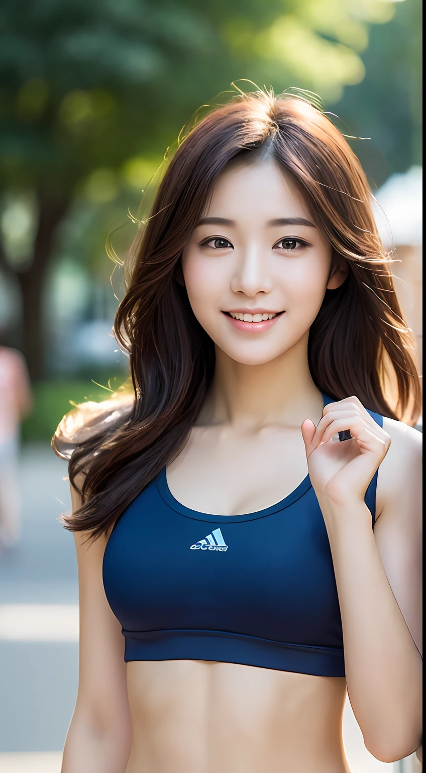 ((Top Quality, 8k, Masterpiece: 1.3)), Sharp Focus: 1.2, Perfect Body Shape Pretty Woman: 1.4, Slender Abs: 1.2, (Layered Haircut, Big: 1.8), (Sports Bra: 2.0), (Jogging: 1.8), (Street: 1.2), Highly Detailed Face and Skin Texture, Detailed Eyes, Double Eyelids, Smile, Bokeh,