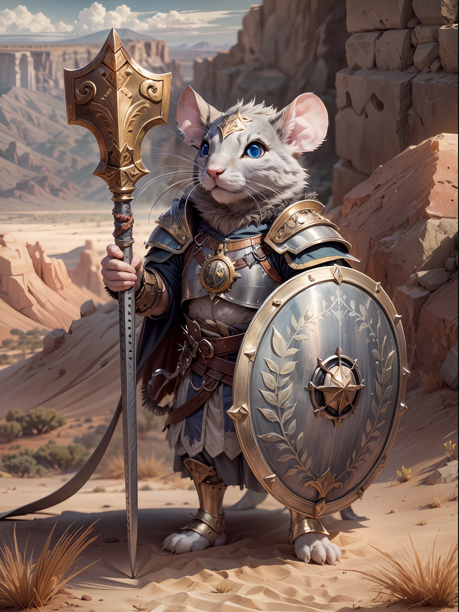 Mouse warrior clad in ancient Roman armor, brandishing a petite rapier and shield, adorned with sleek gray fur and piercing eyes, majestically positioned amidst a vast desert landscape.