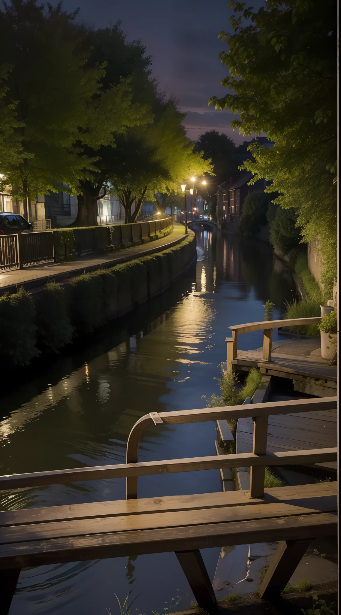 there is a bench sitting on the side of a river, the river is flowing its way, railing along the canal, beside the river, photo taken at night, canal, during the night, photograph taken in 2 0 2 0, river flowing, very accurate photo, early evening, lit from the side, late summer evening, dusk setting