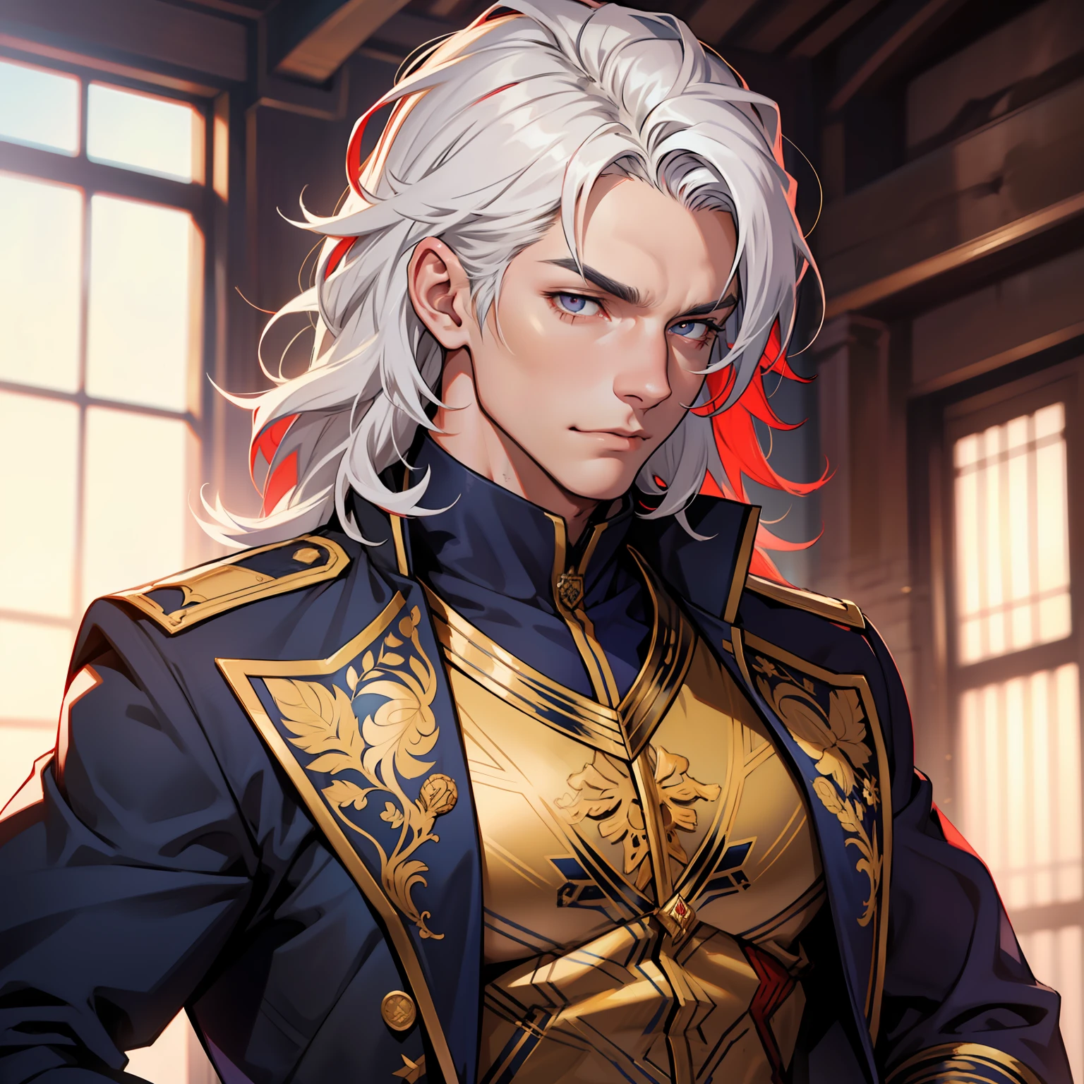 Jesse is tall He has white hair with red tips, and sharp grey eyes, they're so beautiful to look at. His hair is a bit wavy and he has a beautifully toned body. Muscular male. Jesse is seen wearing a navy blue and gold royal attire. Red hair stripes