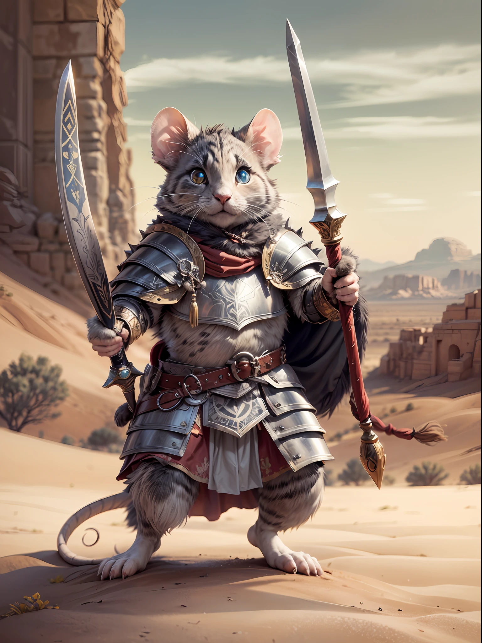 Mouse warrior clad in ancient Roman armor, brandishing a petite rapier and shield, adorned with sleek gray fur and piercing eyes, majestically positioned amidst a vast desert landscape.