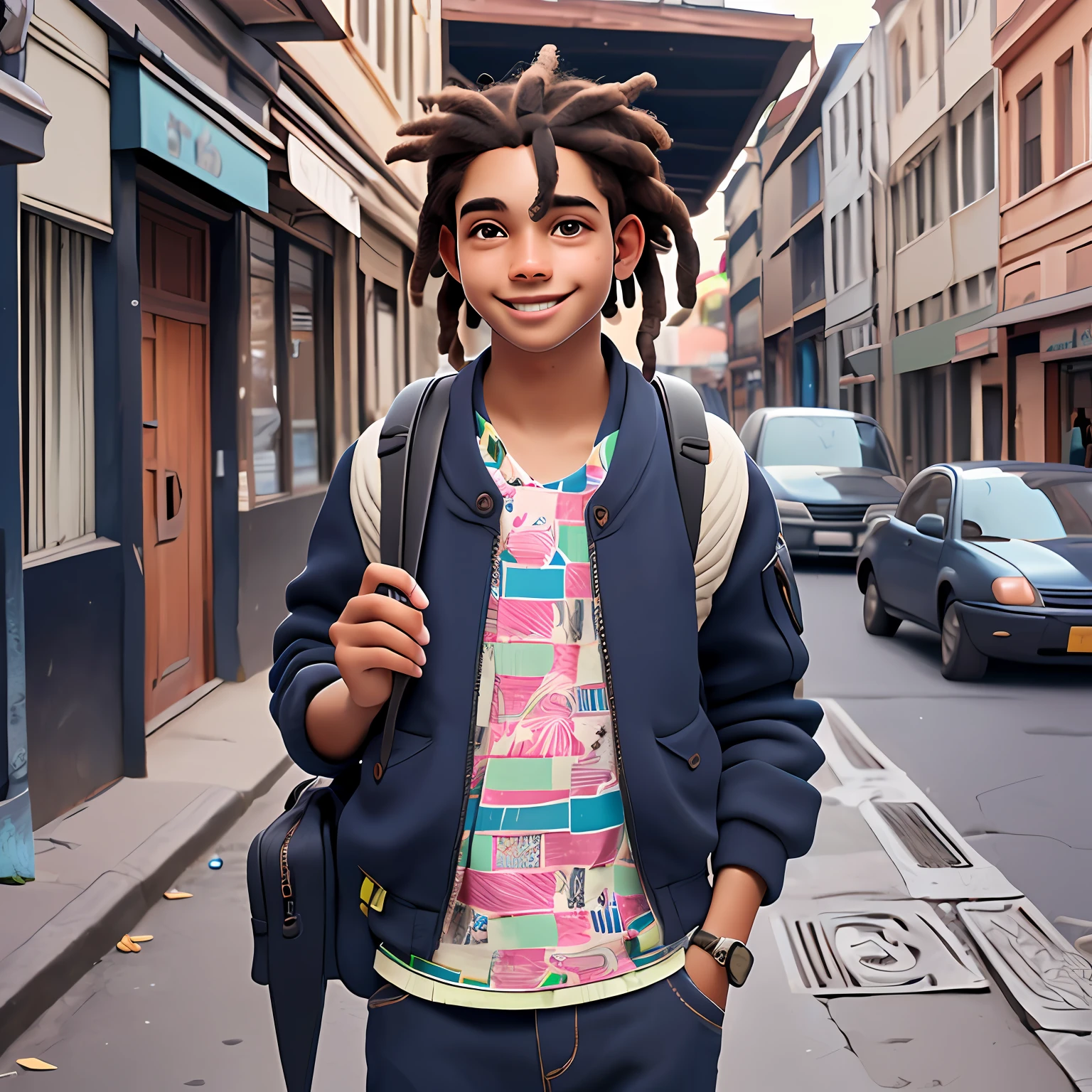 uma menino jovem, Seu cabelo esta solto, cabelo preso , dread's, roupas leves, mochila, fone de ouvido, vermelho e preto, corpo inteiro, The background is filled with an urban tone, evoking a sense of lightness and happiness.