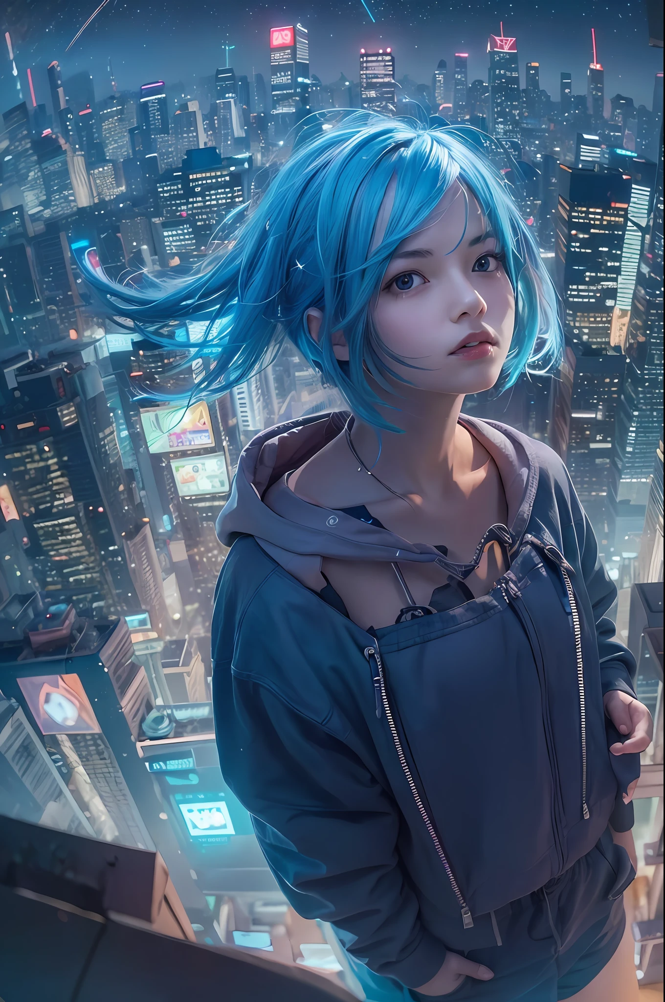 (masterpiece), best quality, ultra high res,***********, cyberpunk 1girl flying above stunning cityscape ,hoodie,blue hair,  neon color shooting stars, very long hair, off shoulder, feather hair ornament, neon colors, flashes, stunning night sky, cinematic lighting, photorealistic, realistic skin, HDR,fisheye