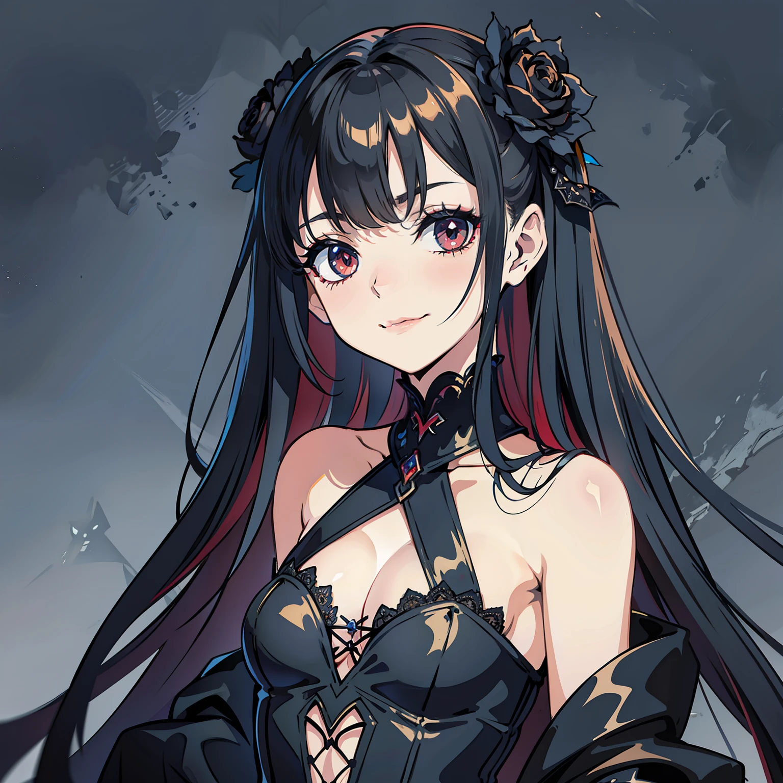 Dark beauty, paranormal, red contacts, black nails, soft smirk, gothic dress, creepy but charming, nu gothic, petite chest
