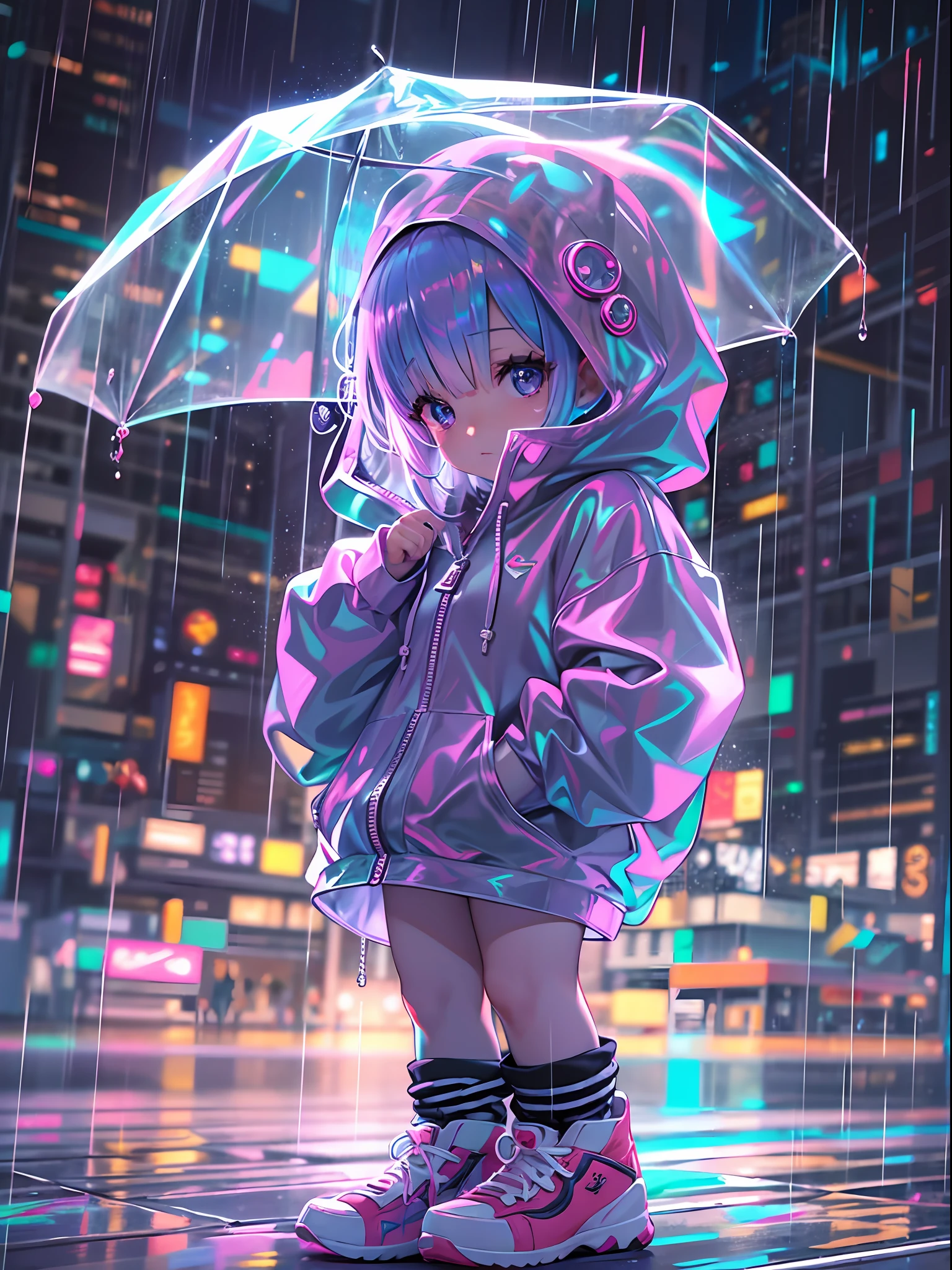 Super cute Q version baby girl Rem standing in the rain in a clear plastic hoodie, illustration iridescent, magically glowing, shiny colorful, holograph, By Yuumei, Anime art wallpaper 8 K, Guviz-style artwork, Anime art wallpaper 4k, Anime art wallpaper 4 K,  Beautiful anime artwork, Digital anime art, Guviz，（full bodyesbian：1.2）