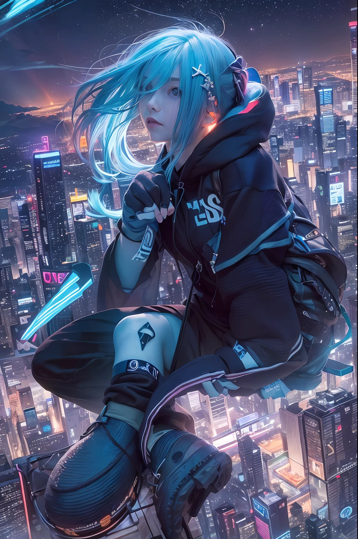(masterpiece), best quality, ultra high res, girl, cyberpunk 1girl flying above stunning cityscape ,hoodie,blue hair, neon color shooting stars, very long hair, off shoulder, feather hair ornament, neon colors, flashes, stunning night sky, cinematic lighting, photorealistic, realistic skin, HDR,fisheye