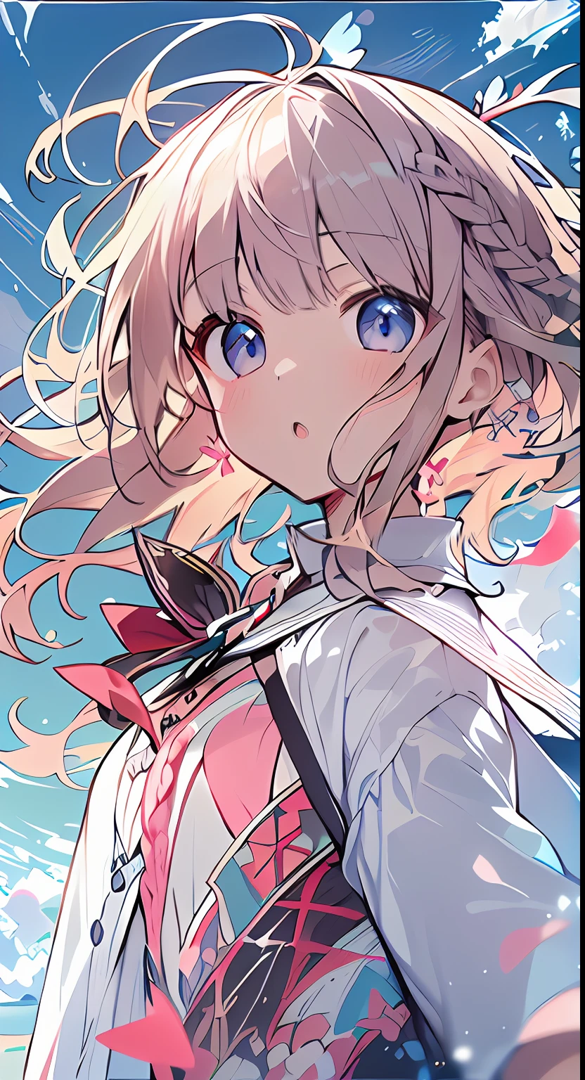 masutepiece, Best Quality,Illustration, Wallpaper, Ultra Detail, absurderes, 1little girl、 Solo, (Medium short hair、short braided hair), Beautiful ultra-detailed eyes , Hair fluttering in the wind、:o、 Beautiful sky、(a panoramic view:1.5)