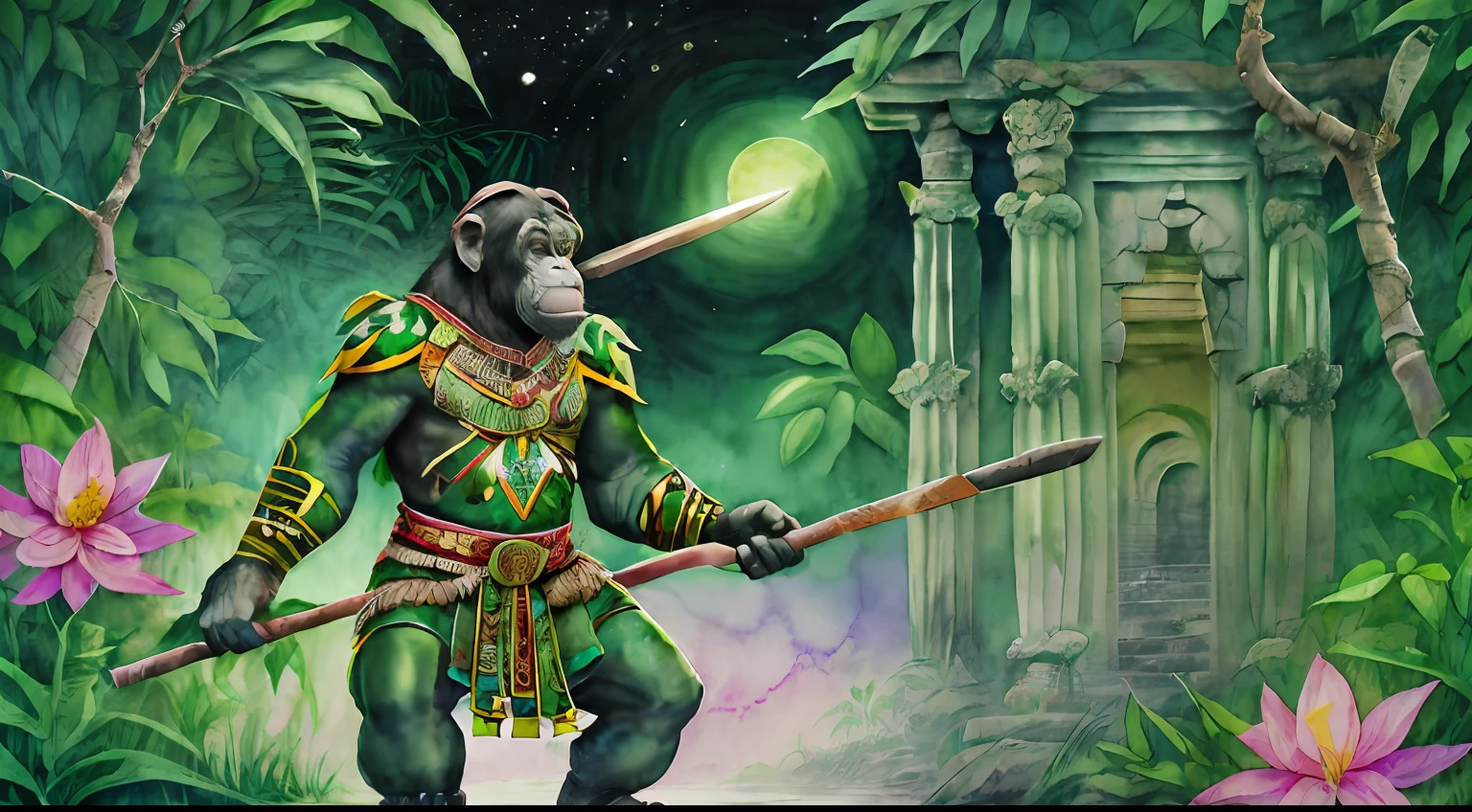 A wise chimpanzee knight warrior adorned in tribal markings and battle attire, holding a staff imbued with mystical powers, standing amidst an ancient jungle temple, overgrown with lush vegetation and mystical glowing flowers, under the soft moonlight, evoking a sense of mystery and ancient wisdom, Illustration, using watercolor and ink, creating a blend of vibrant colors and delicate details,