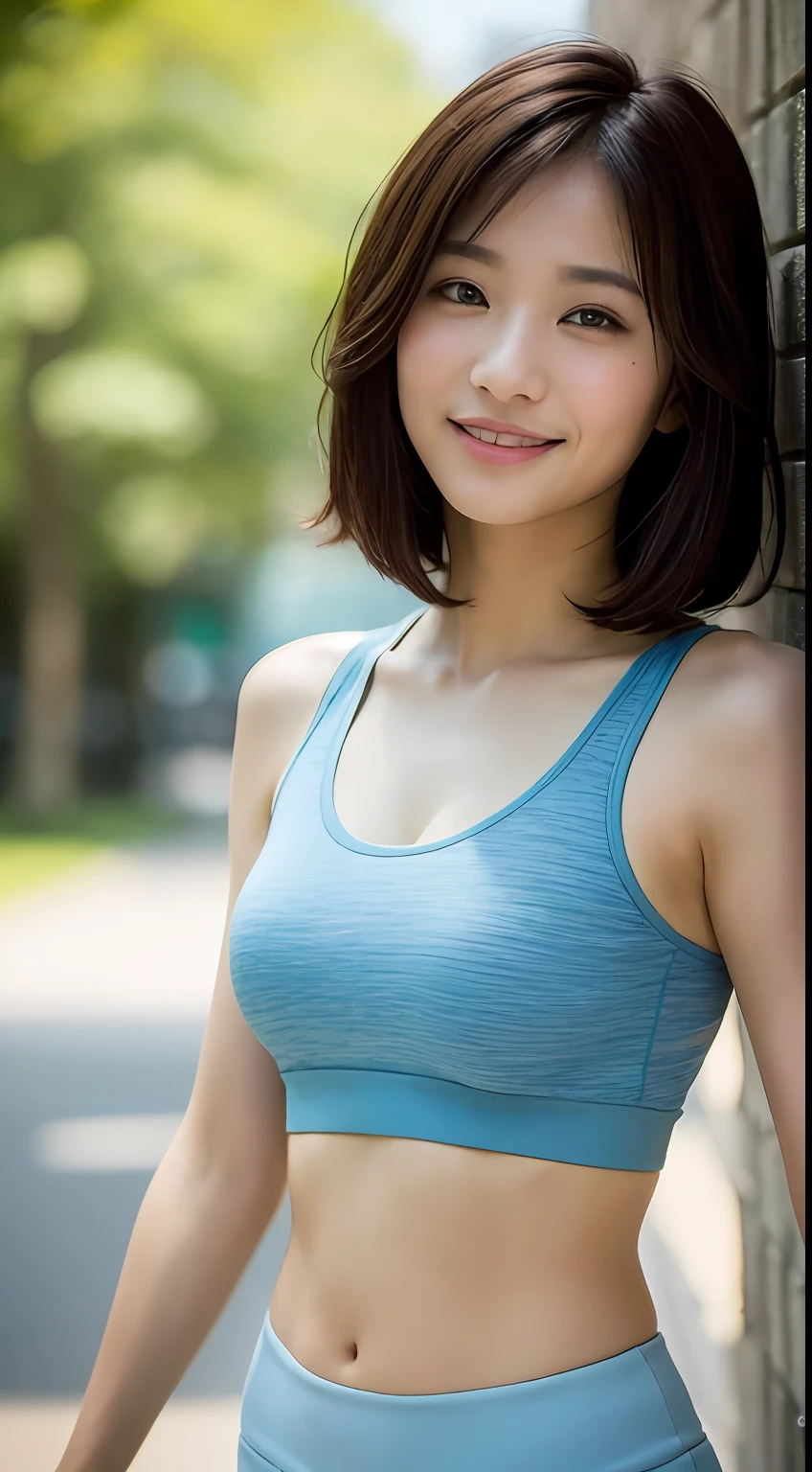 ((Top Quality, 8k, Masterpiece: 1.3)), Sharp Focus: 1.2, Perfect Body Shape Pretty Woman: 1.4, Slender Abs: 1.2, (Layered Haircut, Big: 1.8), (Sports Bra: 2.0), (Jogging: 1.8), (Street: 1.2), Highly Detailed Face and Skin Texture, Detailed Eyes, Double Eyelids, Smile, Bokeh,
