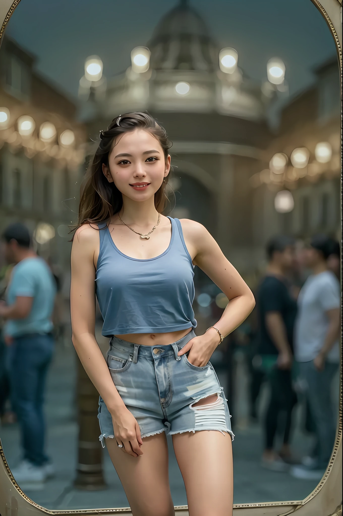 Top quality, Masterpiece, Photoreal, 8K, 4K, Extreme resolution, Ultra HD, Dynamic lighting, Real lighting, Sophia Diamond, looking_at_viewer, Smile, Tank top, Jeans,