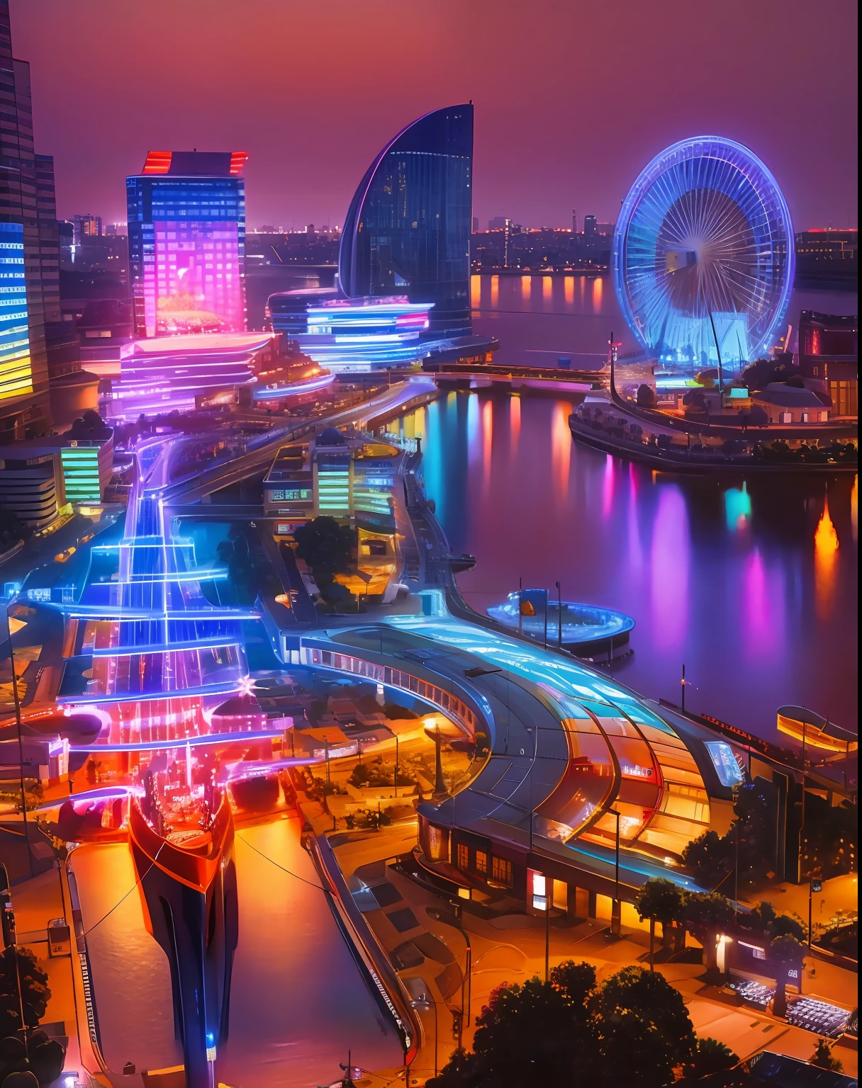 arafed view of a city at night with a ferris wheel in the foreground, beautiful city of the future, japanese city at night, japan at night, beautiful city, japanese city, hyper detailed photo, photo taken in 2 0 2 0, tokyo futuristic and clean, tokyo japan, tokyo at night, in tokyo at night, tokyo city in the background