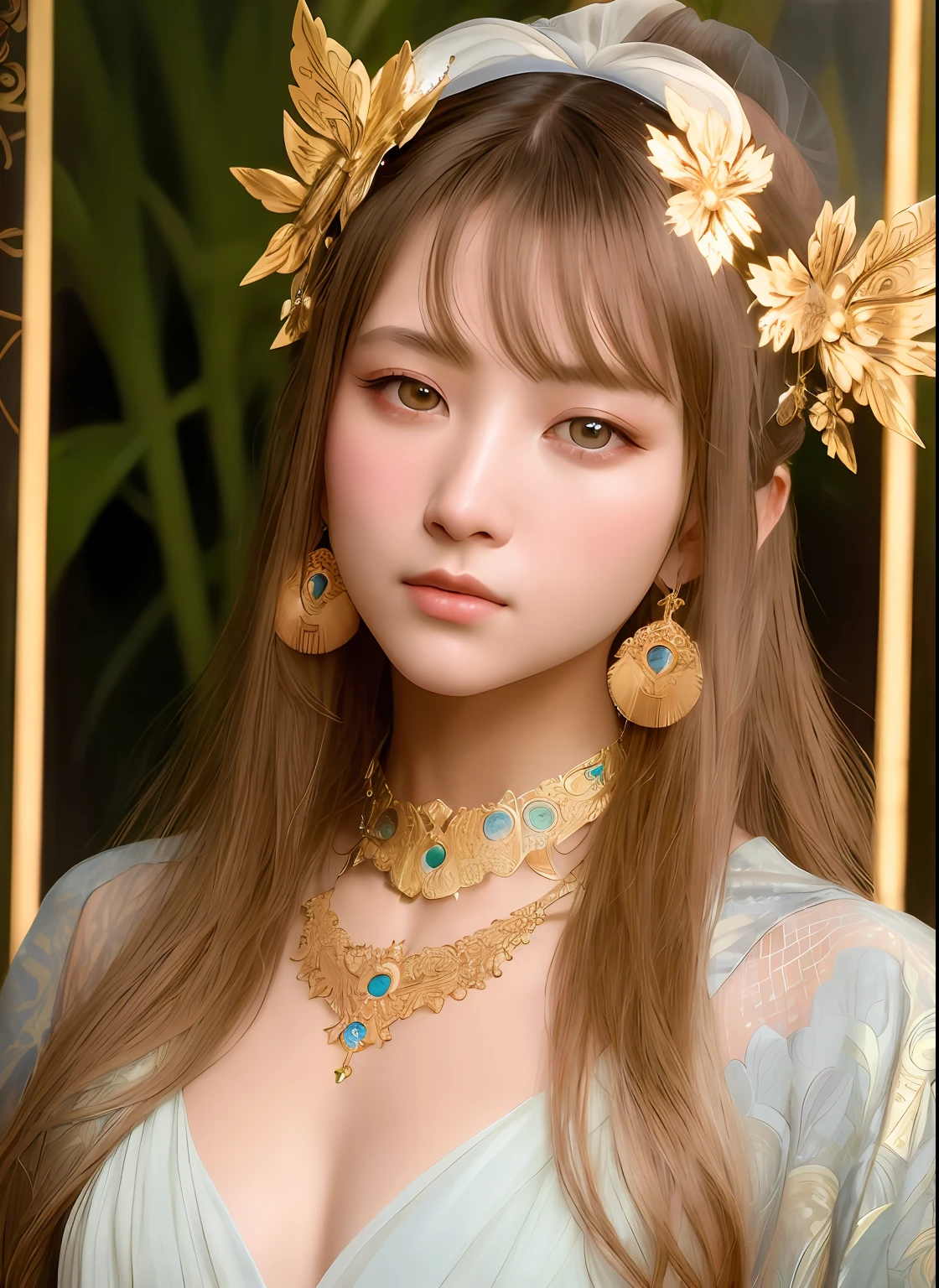 High quality, Masterpiece, Masterpiece, Exquisite facial features, Exquisite Hair, Elaborate Eyes, Delicate colored hair, 4K quality, Gorgeous light and shadow, Tyndall effect, Halo, Messy hair, Young state, Gorgeous scenes, Beautifully dressed, Chains, feater,Ancient Chinese beauty with big eyes,detail-rich, Digital painting, art stations, concept-art, Sharp focus, illustration, greg rutkovsky(greg rutkovsky)、An Alphonse Mucha's(Alphonse Mucha)and Victor Ngay(Victor Nkay)of works of art