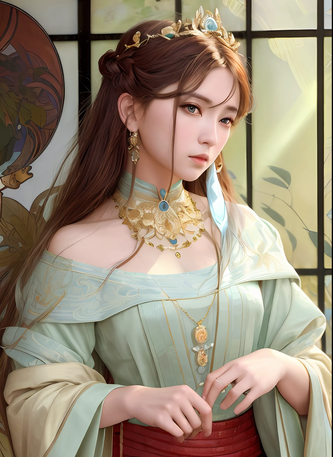 High quality, Masterpiece, Masterpiece, Exquisite facial features, Exquisite Hair, Elaborate Eyes, Delicate colored hair, 4K quality, Gorgeous light and shadow, Tyndall effect, Halo, Messy hair, Young state, Gorgeous scenes, Beautifully dressed, Chains, feater,Ancient Chinese beauty with big eyes,detail-rich, Digital painting, art stations, concept-art, Sharp focus, illustration, greg rutkovsky(greg rutkovsky)、An Alphonse Mucha's(Alphonse Mucha)and Victor Ngay(Victor Nkay)of works of art