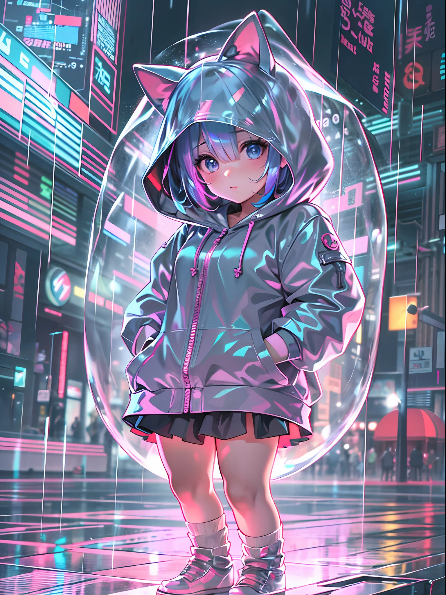 Super cute Q version  girl Rem standing in the rain in a clear plastic hoodie, illustration iridescent, magically glowing, shiny colorful, holograph, By Yuumei, Anime art wallpaper 8 K, Guviz-style artwork, Anime art wallpaper 4k, Anime art wallpaper 4 K,  Beautiful anime artwork, Digital anime art, Guviz，（full bodyesbian：1.2）