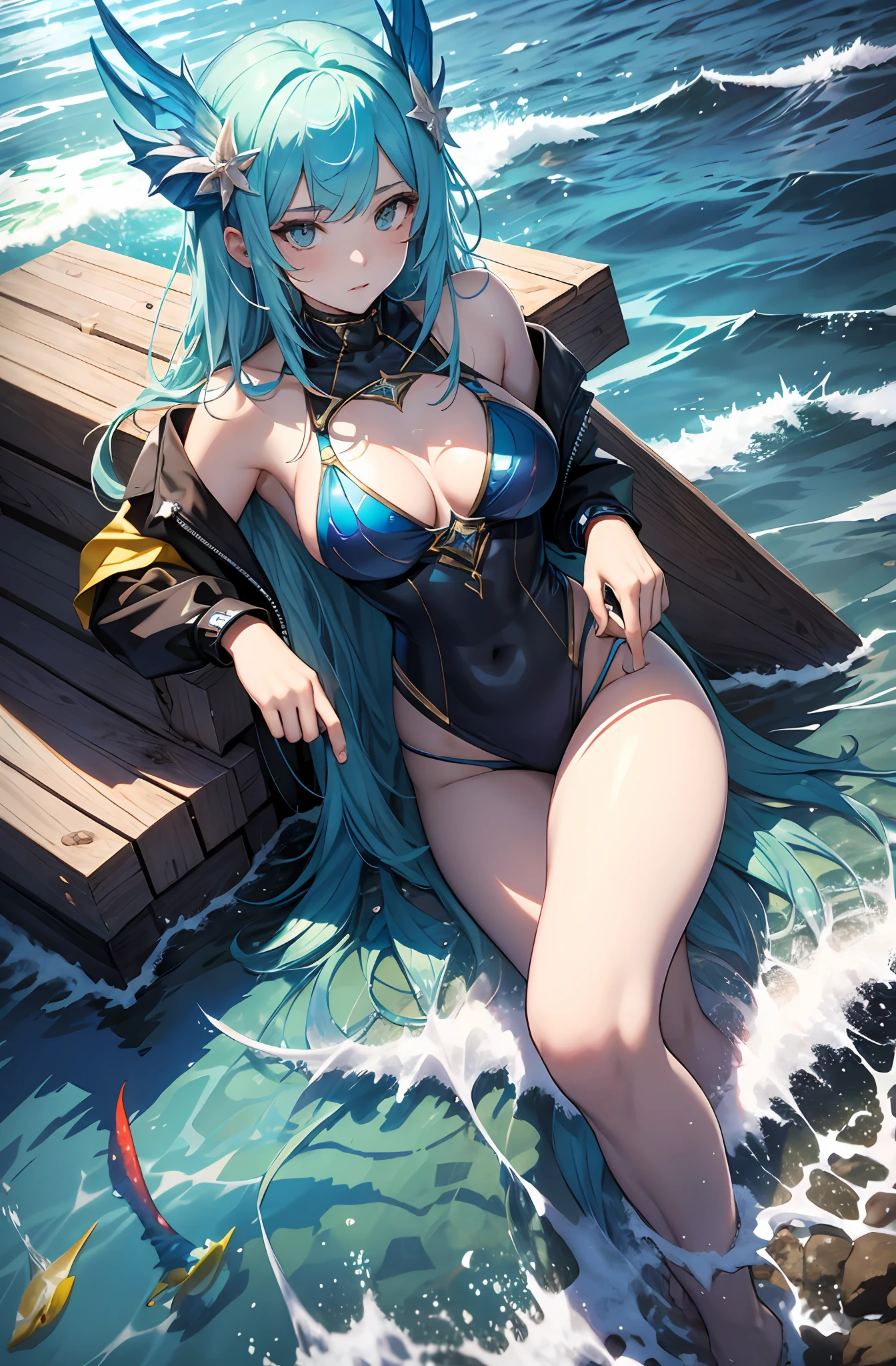 best qualityer,tmasterpiece,Ultimate resolution,downy,Extremely colorful,Colorful,Mermaid princess,cabellos largos dorados,a matural female,blue bikini,The kinky is exposed,The barefoot,the ocean,blue skinsuit,Normal posture