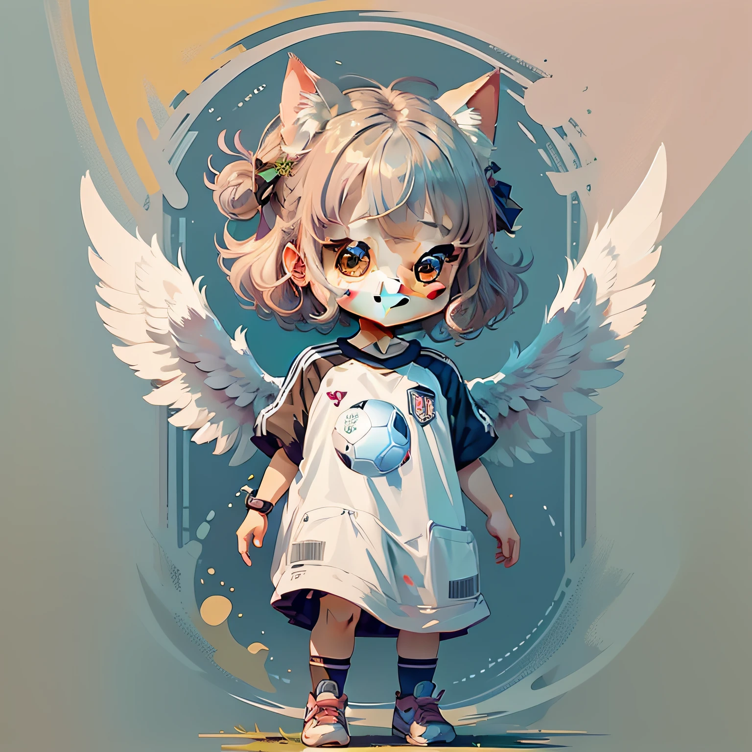 Cute pink cat、(((Chibi)))、girl with、Three-headed body、Angel wings、((A smile)), Heading shot、 sports wear, Jersey、Jersey、number11, Grass background, a sticker, animesque、Soccer Shoes、Soccer Balls、Vector lines、a sticker、Drawing a、White outline cutout sticker design、Flat design、animesque、Cartoon stickers, Multiple poses and expressions,、