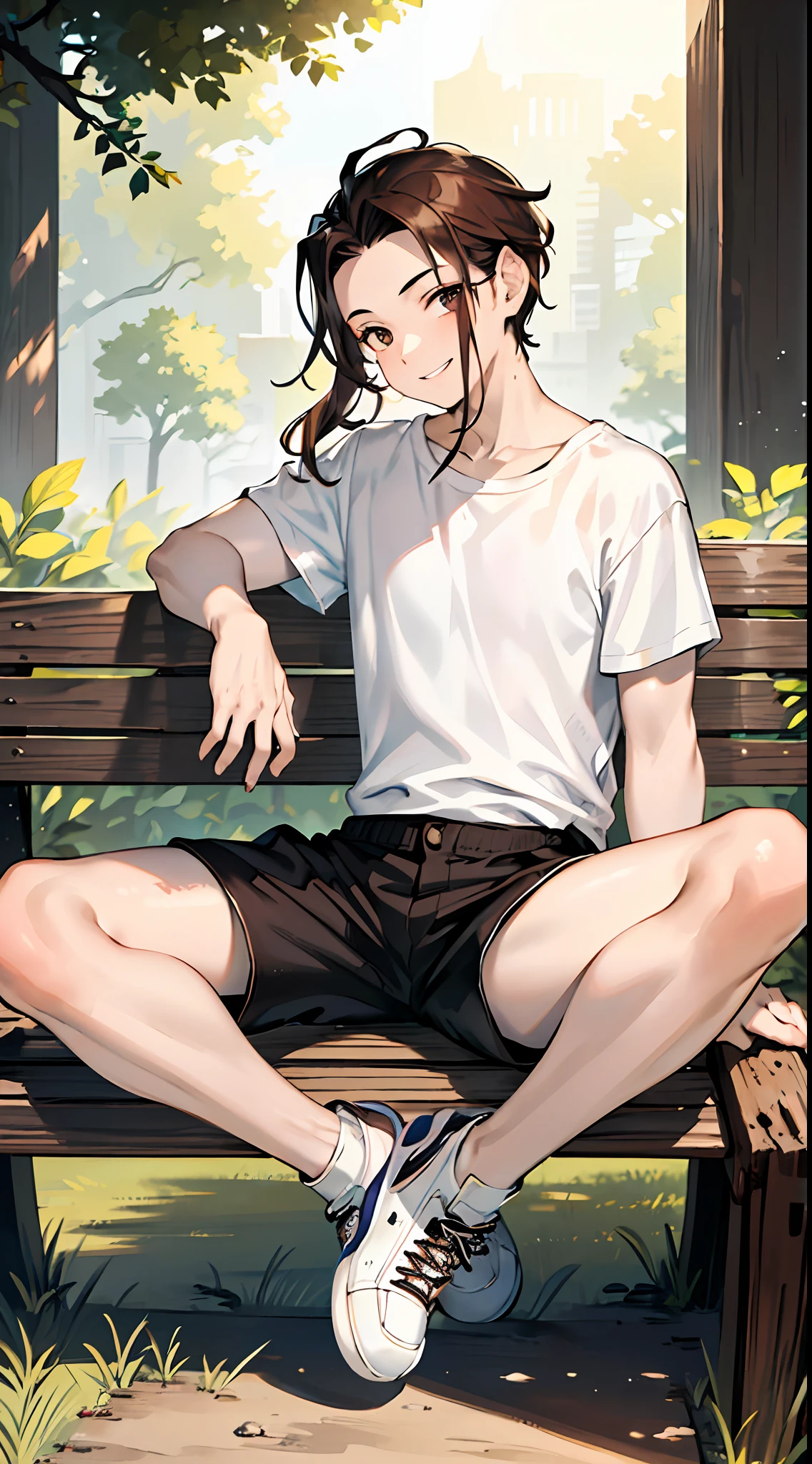 (absurdres, highres, ultra detailed, HDR), masterpiece, best quality, 1boy, solo, handsome, dark brown hair, finely eye and detailed face, forehead, ((loose white t-shirt)), ((shorts)), sneaker, (pale and white skin), look at viewer, ear piecing, , smile, sitting on bench, park in background, full body view