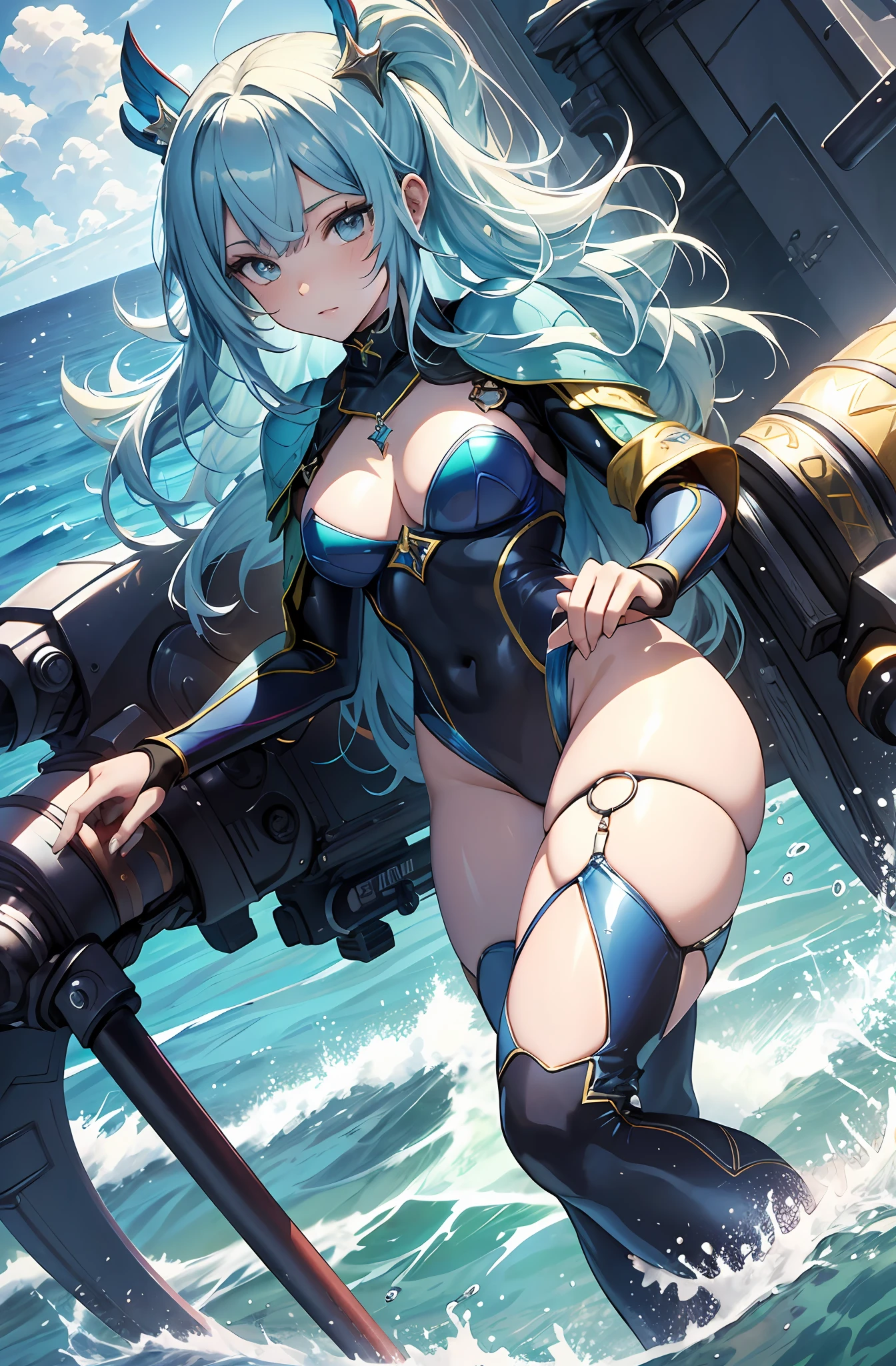 best qualityer,tmasterpiece,Ultimate resolution,downy,Extremely colorful,Colorful,Mermaid princess,cabellos largos dorados,a matural female,blue bikini,The kinky is exposed,The barefoot,the ocean,blue skinsuit,Normal posture