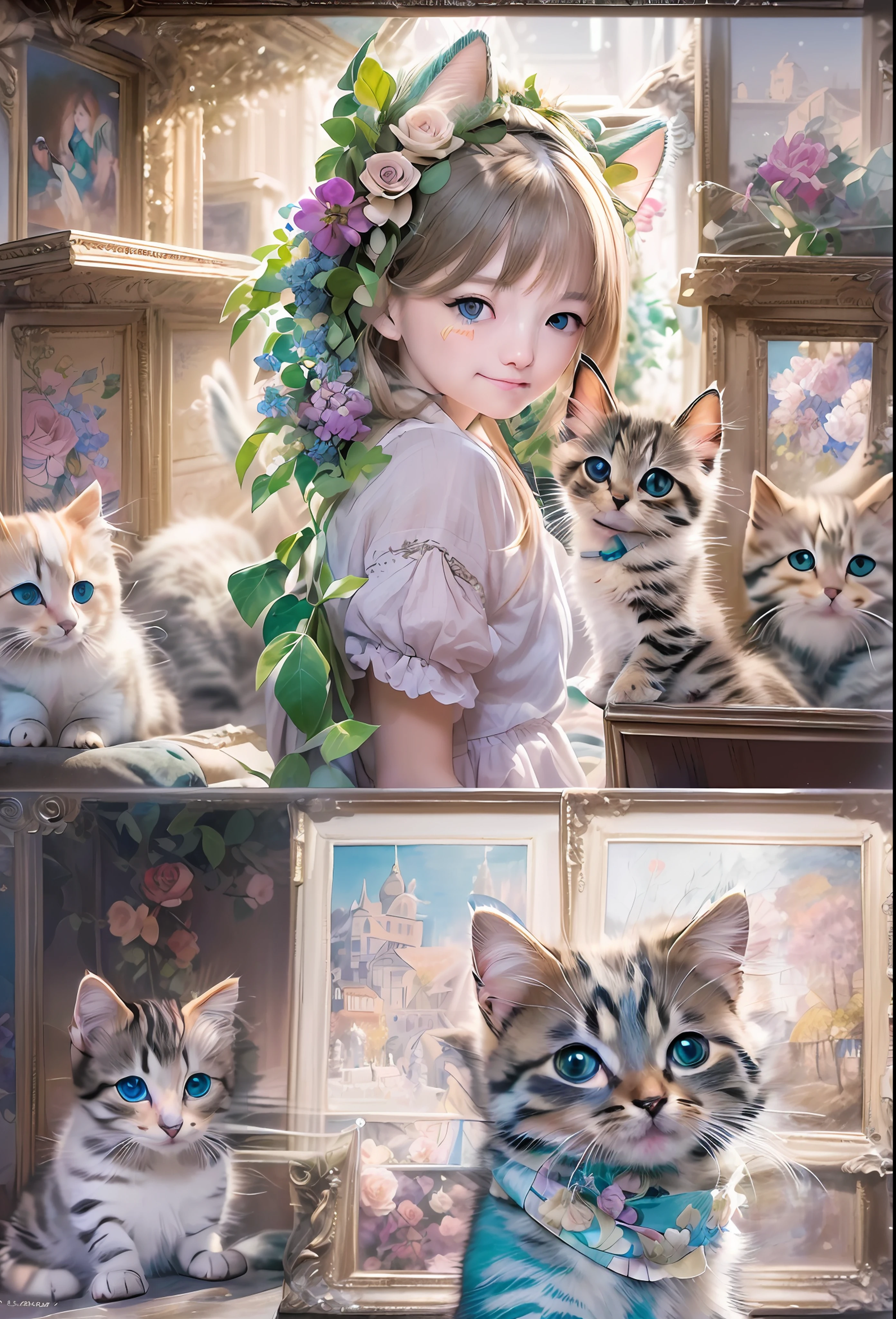 (A kitten、😇、A smile、😌🥰Archaic Smile).hyper realstic、Ultra-realistic、Depiction of the human body without distortion、Monna Lisa、Woman in Arms、Near and far law、Three-dimensional、Contemporary painting、moderno、world masterpiece、collection、Homage to the art or artist work of Picasso and Renoir, Not sentimental、Excellent portrayal、Gentle expression、More detailed character faces, Serious competition、Compositions like paintings、(Konmutsuki_Gacha_Series 1, punk_rosette), Realistic、Delicate brushwork、aqua color flowers, (Full body, elegant flowers background)