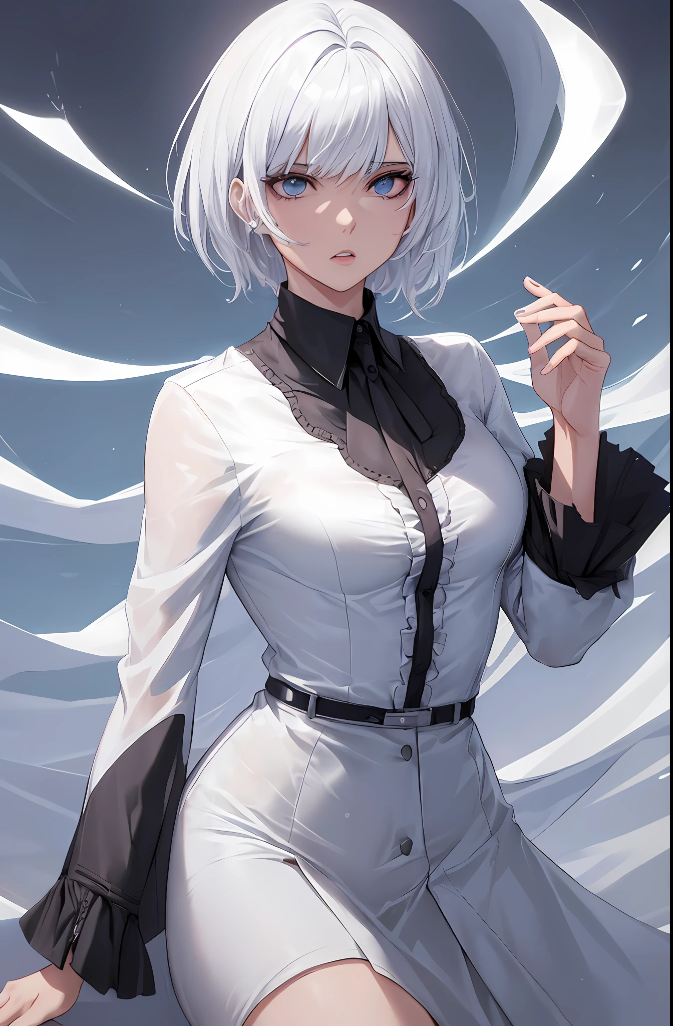 kk, melhor qualidade, mais detalhes, obra-prima, kaneki ken, 1 girl, foco feminino, solo, heterocromia, fundo preto, franja, olhos vermelhos, olho cinzento, cabelo curto, camisa, hand up, cabelo branco, camisa de colarinho, esmalte, camisa preta, Split lips, olhando para o espectador, parte superior do corpo, dentes, unhas pretas, luxo, 8k, detalhado, ray tracing, profundidade de campo, cinematic lighthing, sangue,
