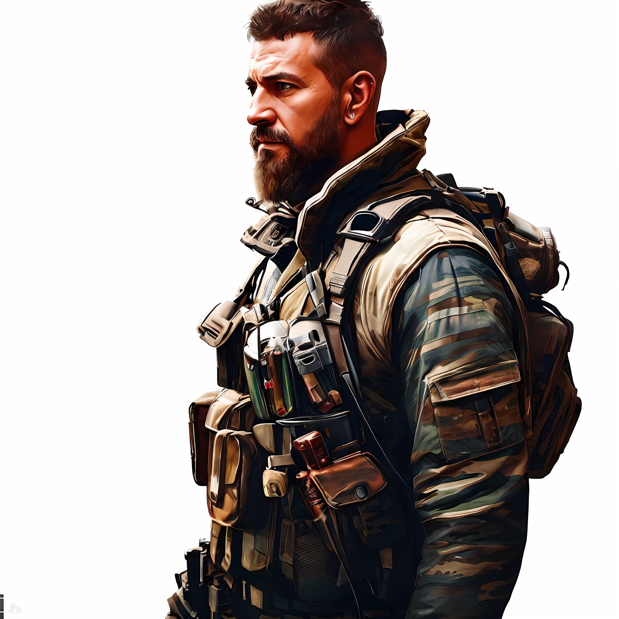 Foto RAW, 8k, obra-prima, melhor qualidade, Um closeup de um homem cdd barba, retrato, soldado CSGO como Hokage, CSGO, valve, arte magistral, Inspirador, Spielberg, awesome art, incredible, Steven Spielberg, Arte inspiradora, unreleased, bio-inspirado, Cinebiografia, Imagem absolutamente excepcional, extremamente criativo