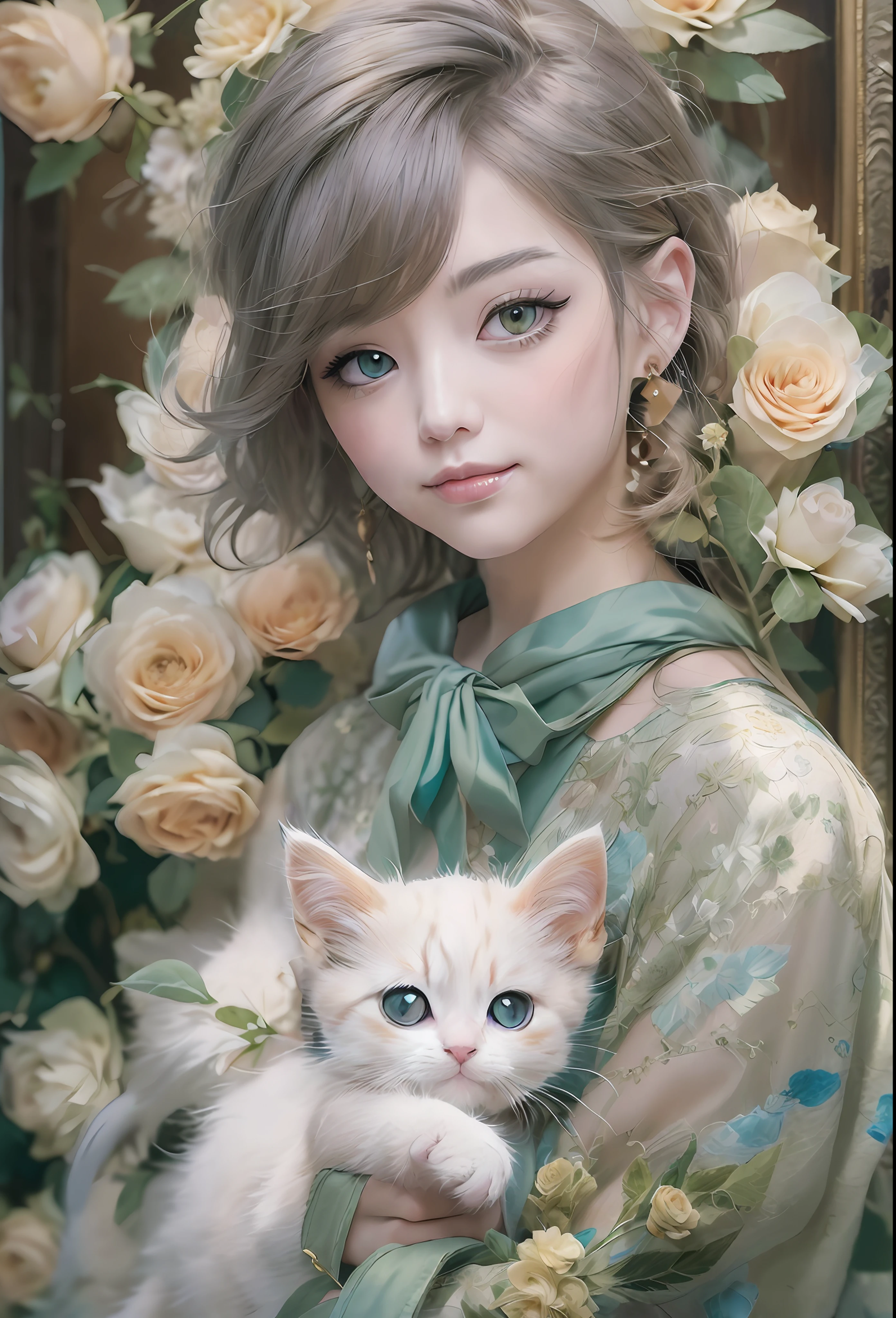 (A kitten、😇、A smile、😌🥰Archaic Smile).hyper realstic、Ultra-realistic、Depiction of the human body without distortion、Monna Lisa、Woman in Arms、Near and far law、Three-dimensional、Contemporary painting、moderno、world masterpiece、collection、Homage to the art or artist work of Picasso and Renoir, Not sentimental、Excellent portrayal、Gentle expression、More detailed character faces, Serious competition、Compositions like paintings、(Konmutsuki_Gacha_Series 1, punk_rosette), Realistic、Delicate brushwork、aqua color flowers, (Full body, elegant flowers background)