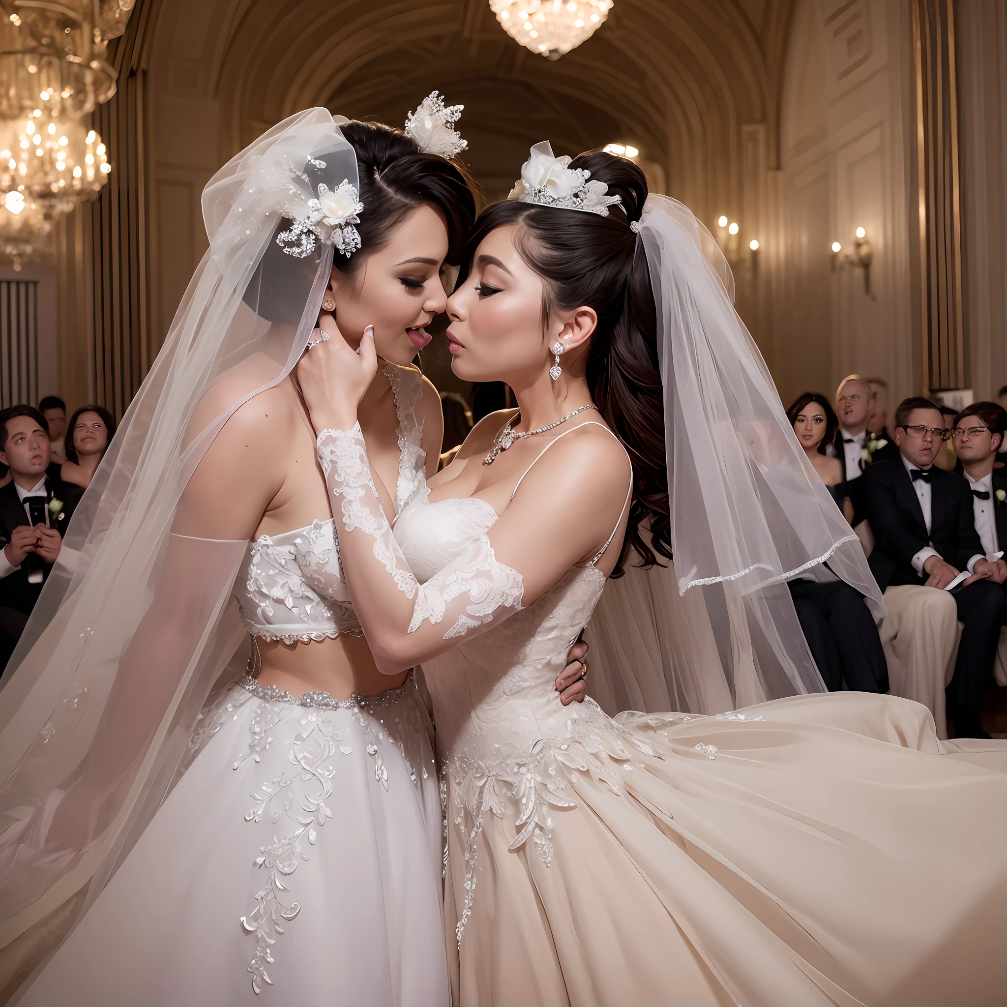 On the wedding stage of an upscale luxury hotel,A dozen friends and spectators next to the audience stood up and applauded,Couple in uniform,marriage,tongue kissing,Kiss,Hug together