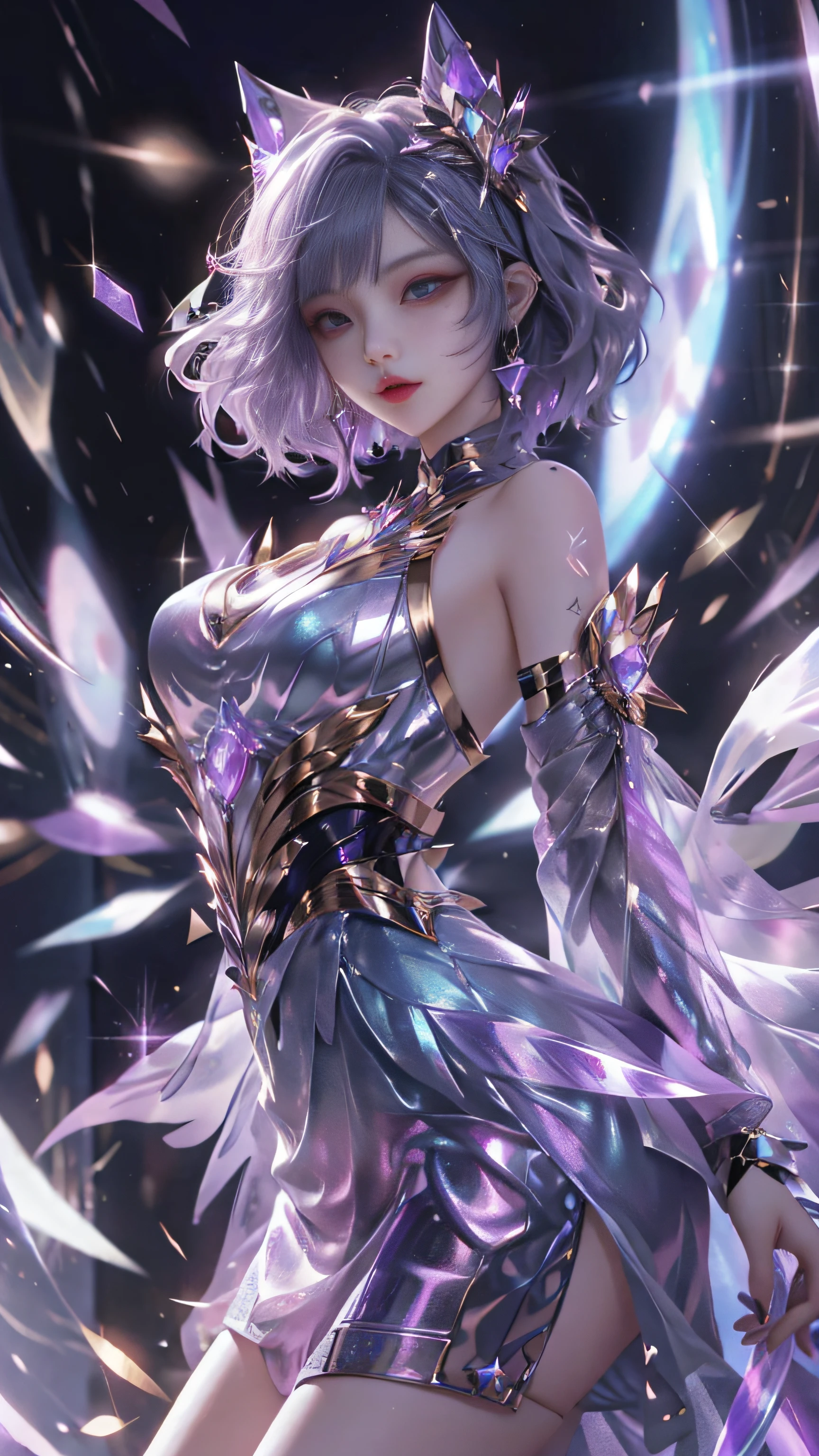 KDA、Super beautiful big glowing eyes、Best Quality, 1girl in, nffsw, Solo,  Long hair,  Short hair,  Dress,