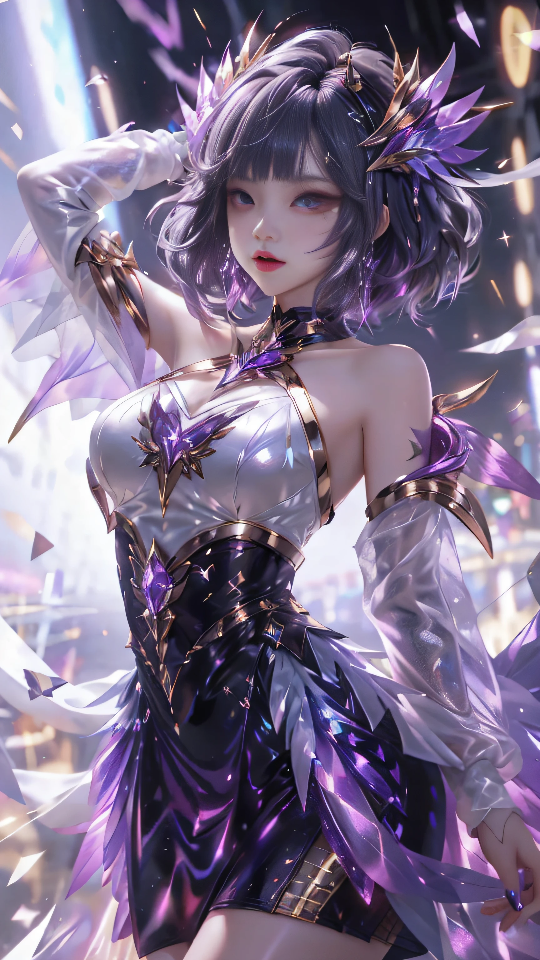 KDA、Super beautiful big glowing eyes、Best Quality, 1girl in, nffsw, Solo,  Long hair,  Short hair,  Dress,