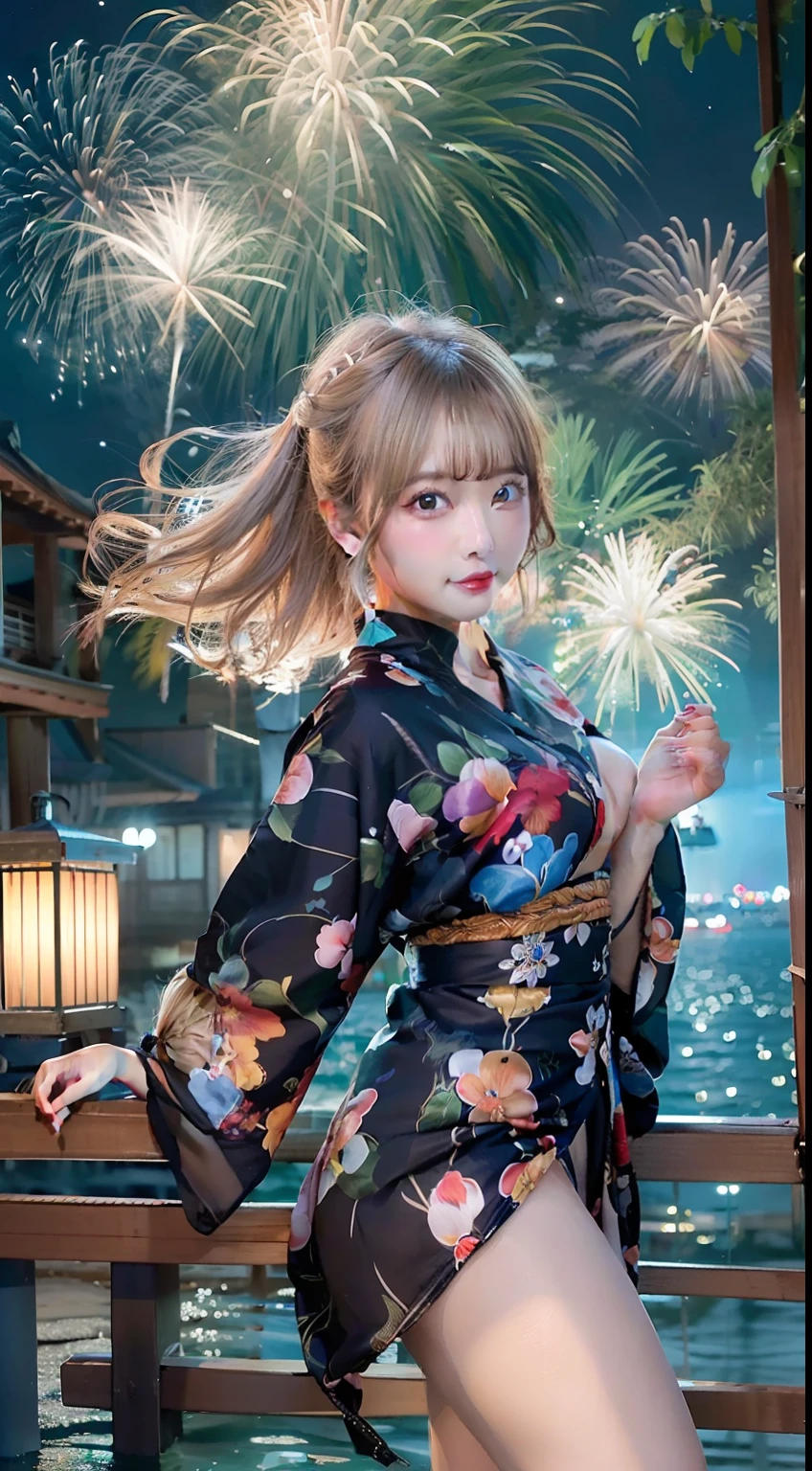 (top-quality、8K)、((Masterpiece))、Seaside fireworks display,Lots of fireworks on the horizon、Horizon、Full Moon Night、Sexy woman in black yukata, ((I can see the cleavage))、((Fine skin quality))、Blonde Shorthair，Big blue eyes,(Colossal tits:1.2)、 sexy look at the camera,